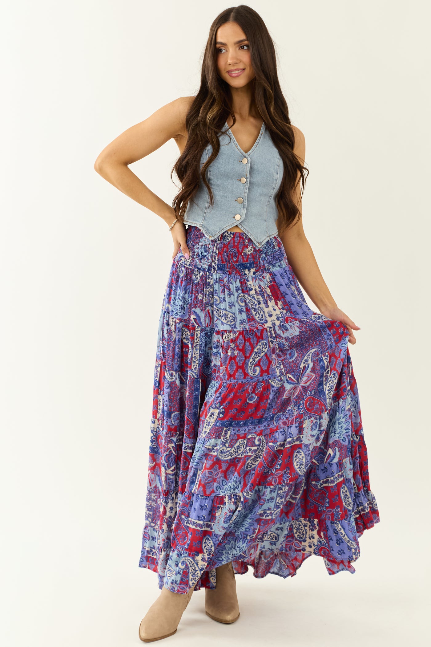 Cobalt Floral Print Smocked Tiered Maxi Skirt