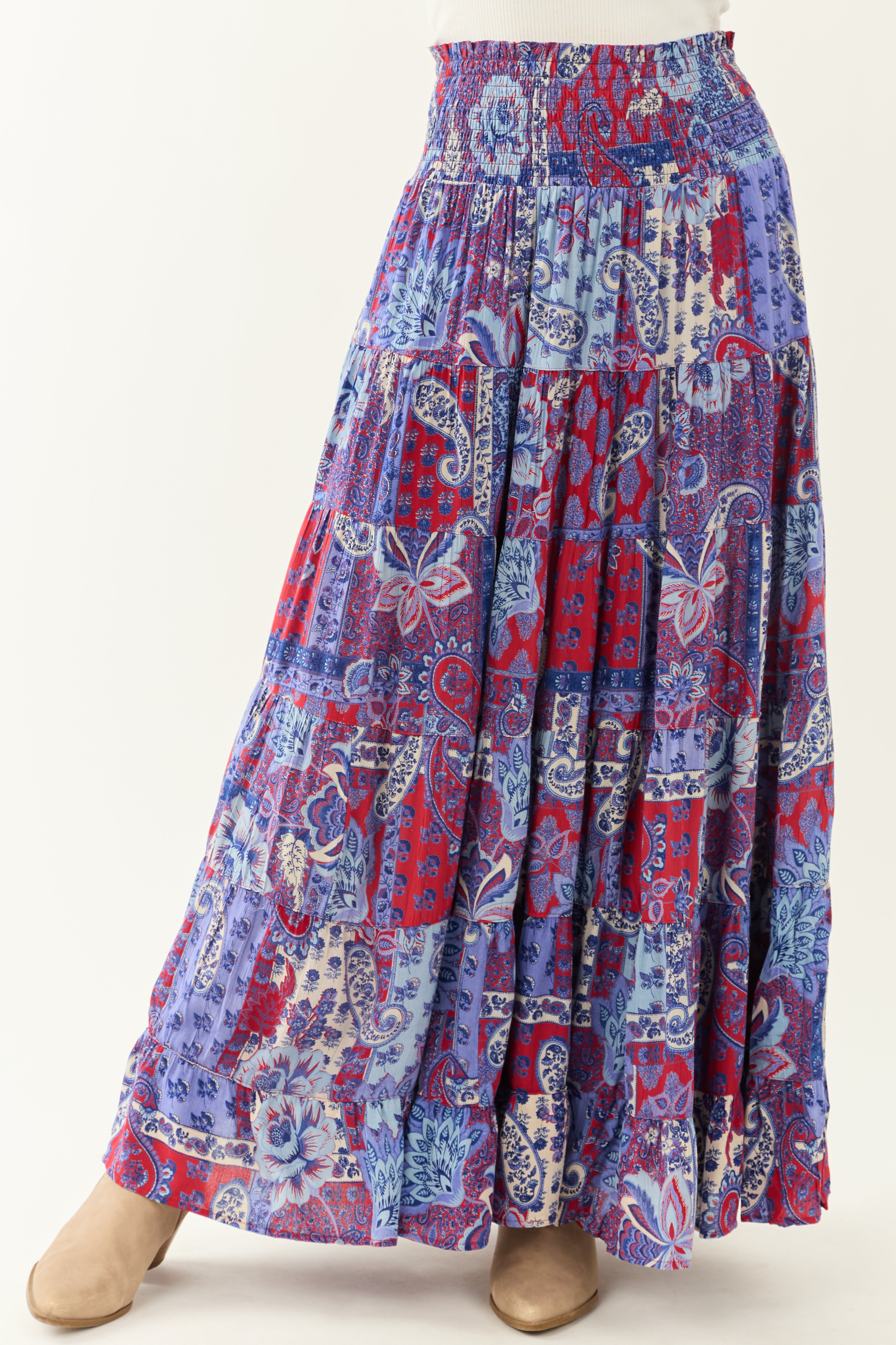 Cobalt Floral Print Smocked Tiered Maxi Skirt