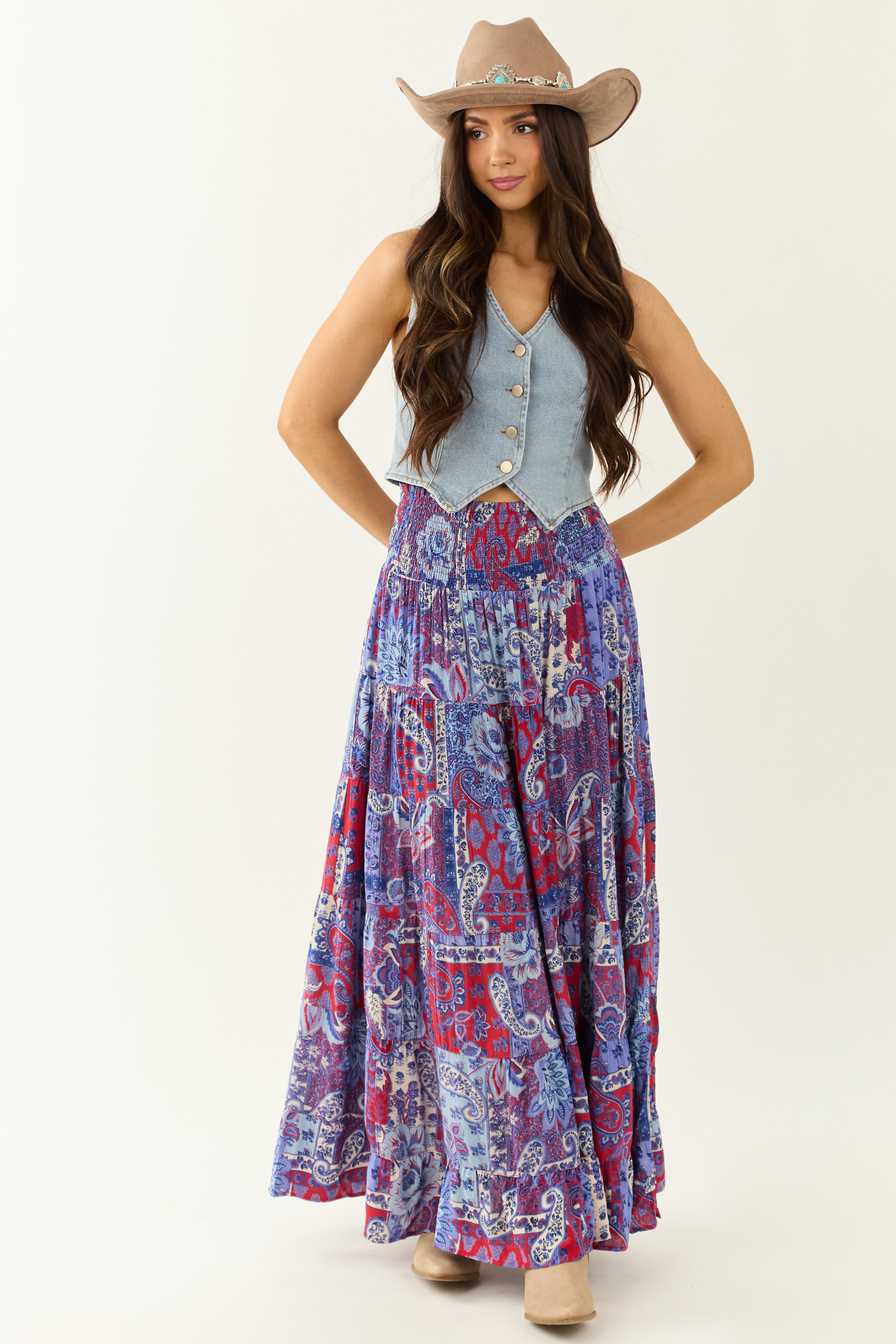 Cobalt Floral Print Smocked Tiered Maxi Skirt