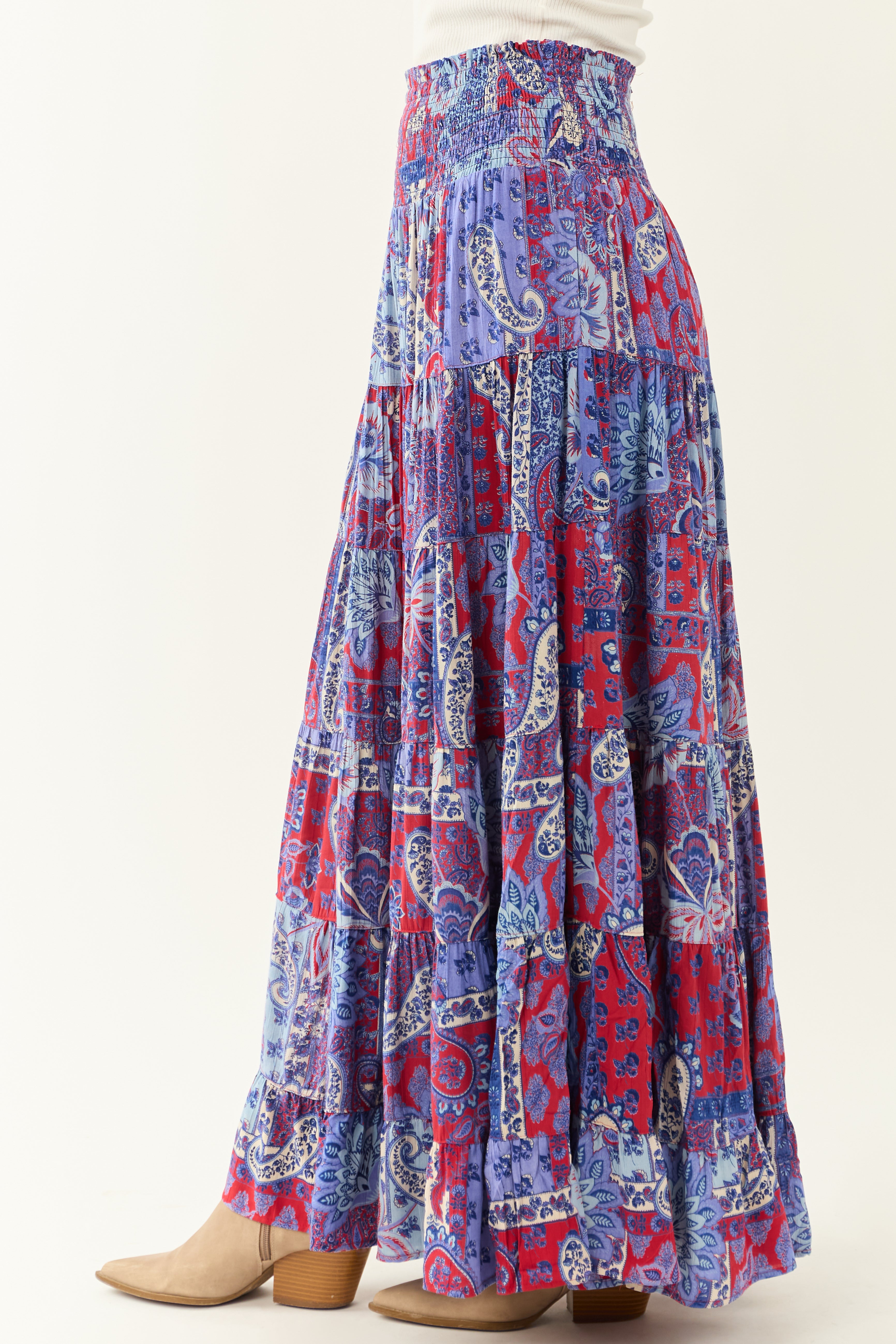 Cobalt Floral Print Smocked Tiered Maxi Skirt