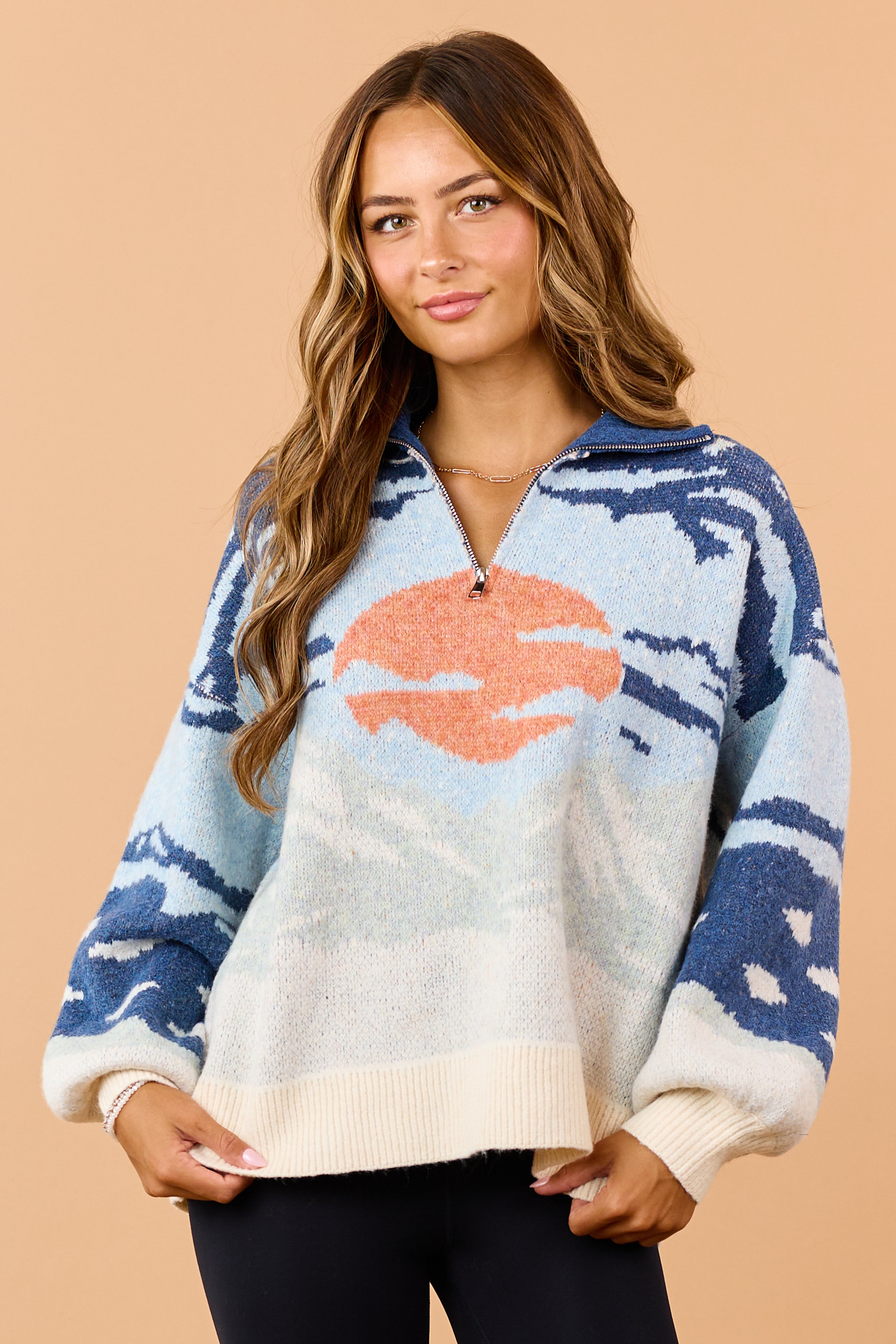 Cobalt Landscape Graphic Quarter Zip Sweater