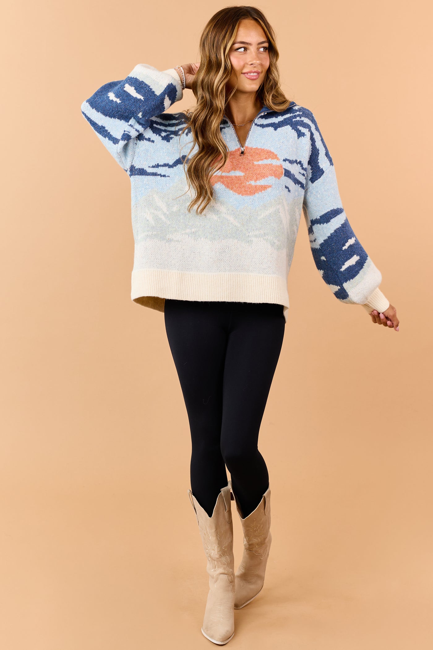 Cobalt Landscape Graphic Quarter Zip Sweater
