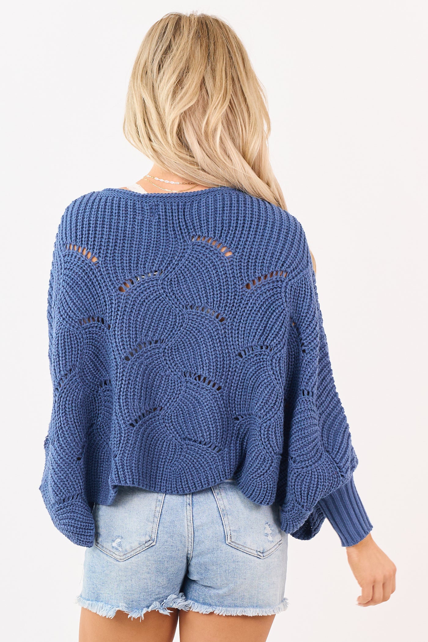 Cobalt Open Knit Dolman Sleeve Crop Sweater Poncho