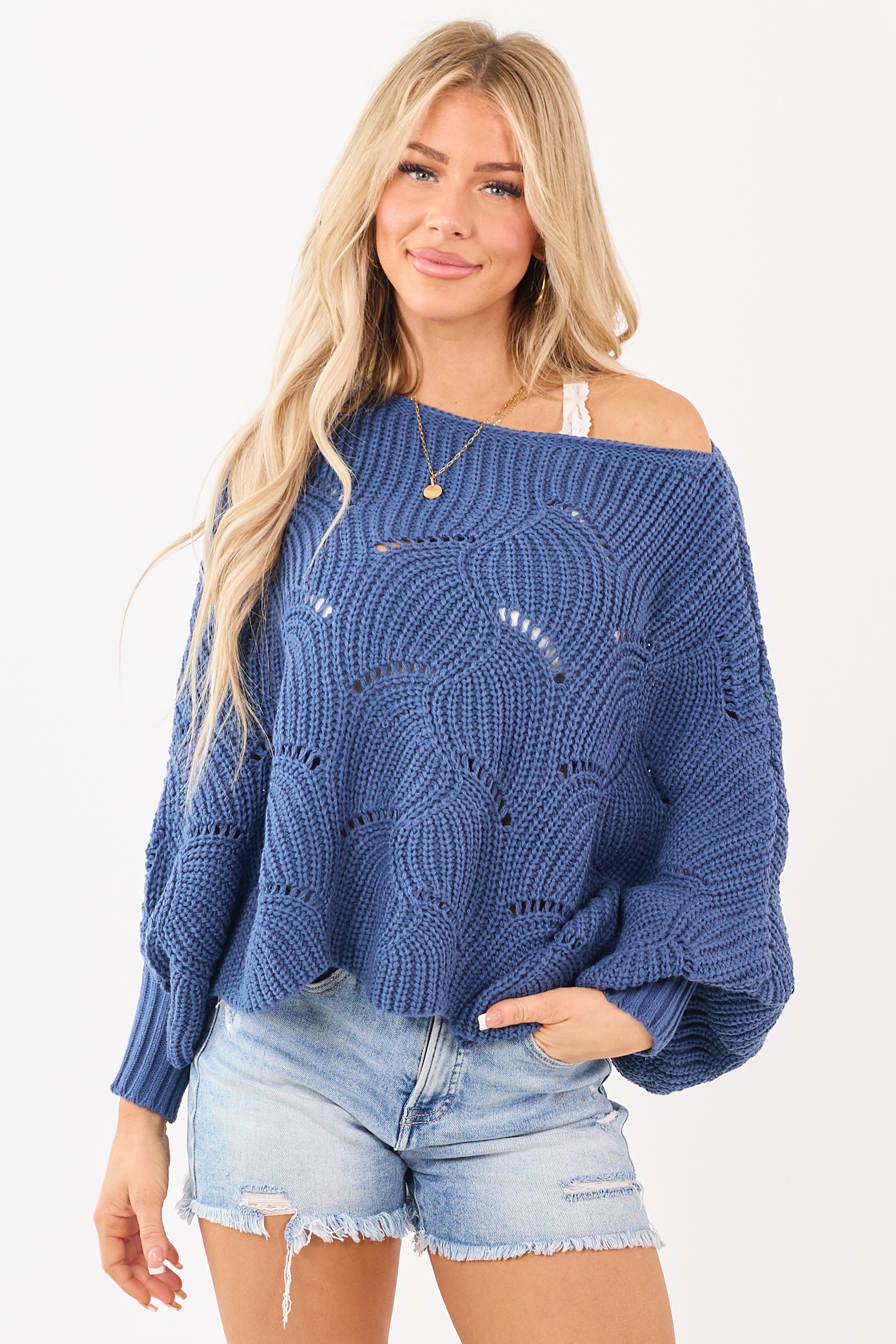 Cobalt Open Knit Dolman Sleeve Crop Sweater Poncho
