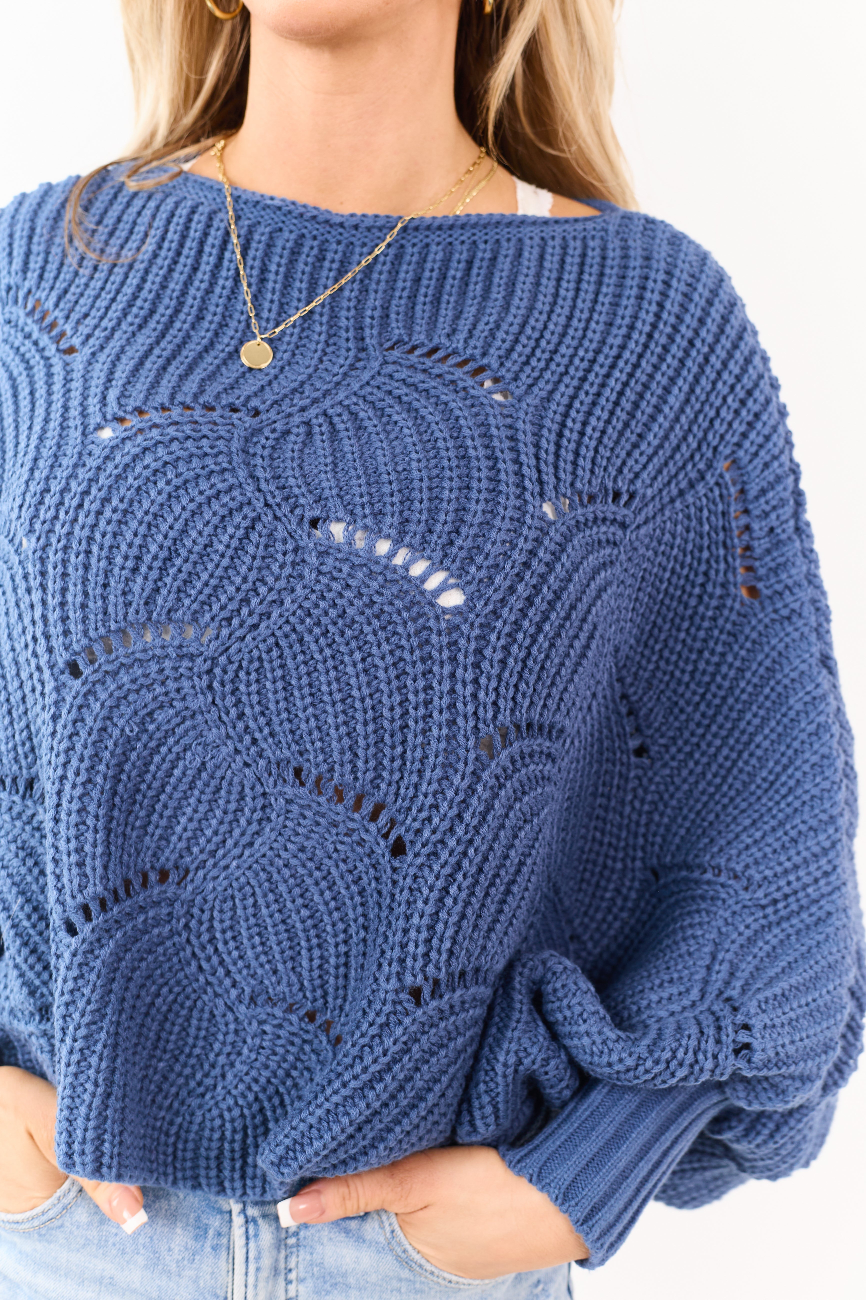 Cobalt Open Knit Dolman Sleeve Crop Sweater Poncho