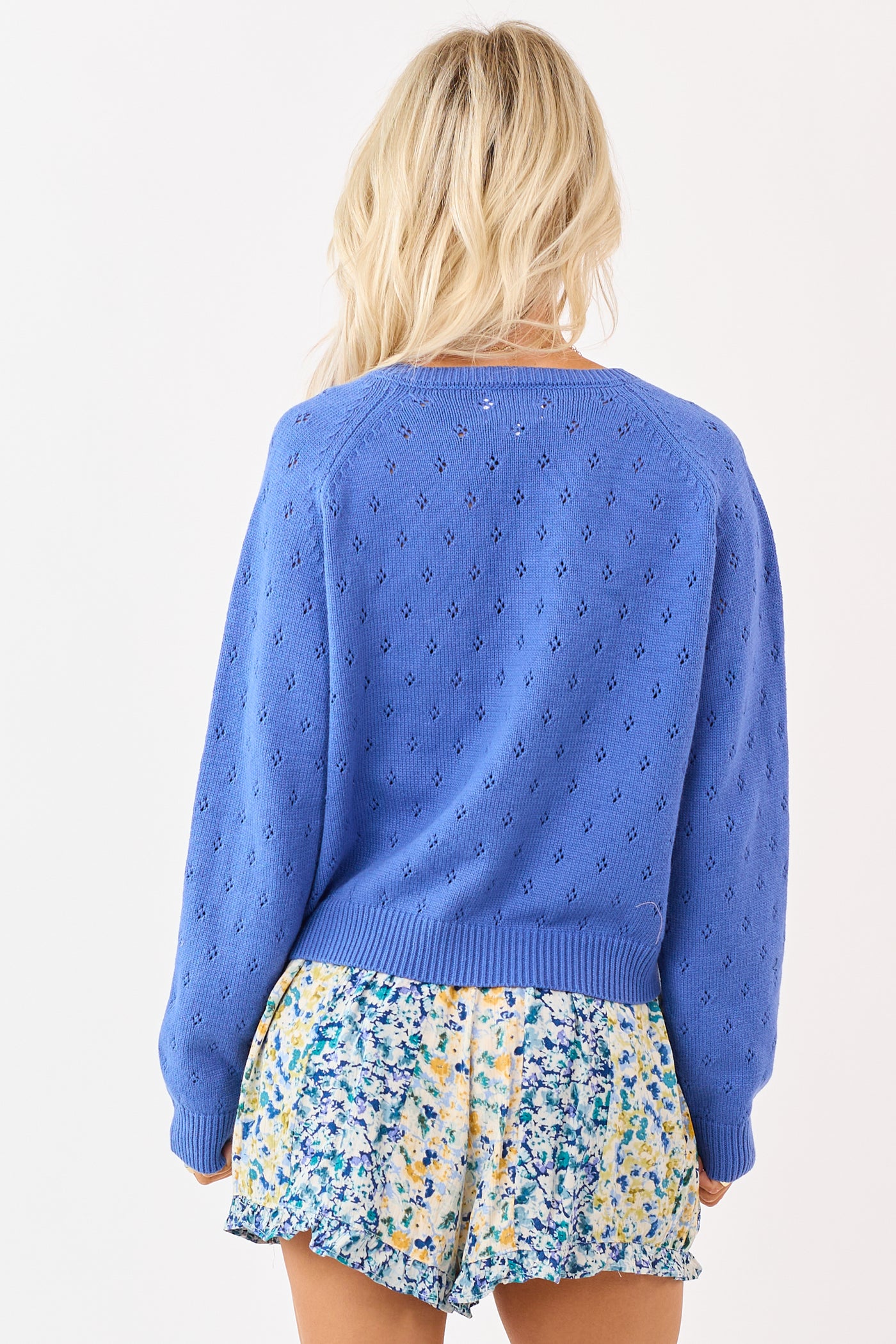 Cobalt Pointelle Button Down Long Sleeve Cardigan