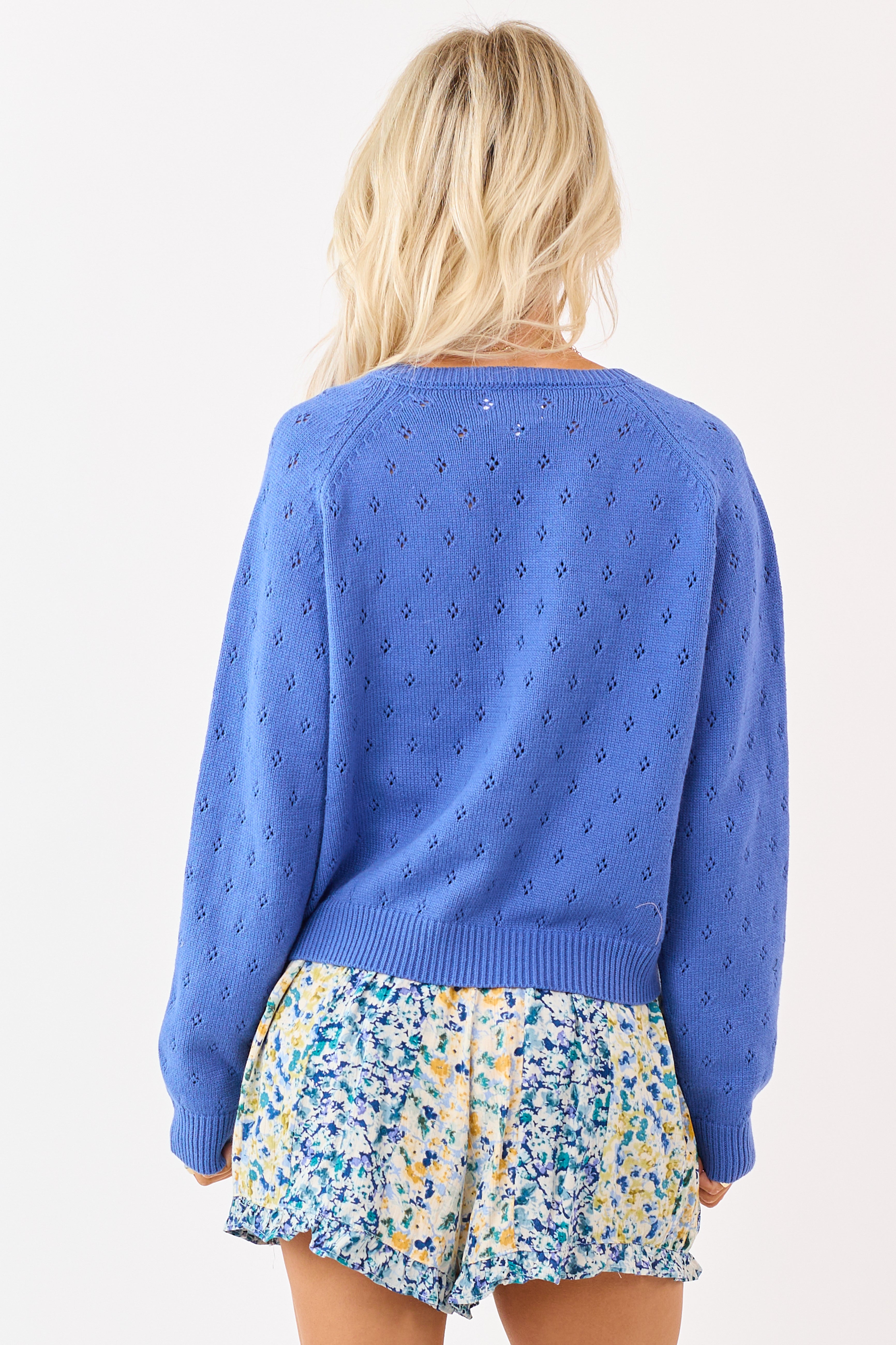 Cobalt Pointelle Button Down Long Sleeve Cardigan