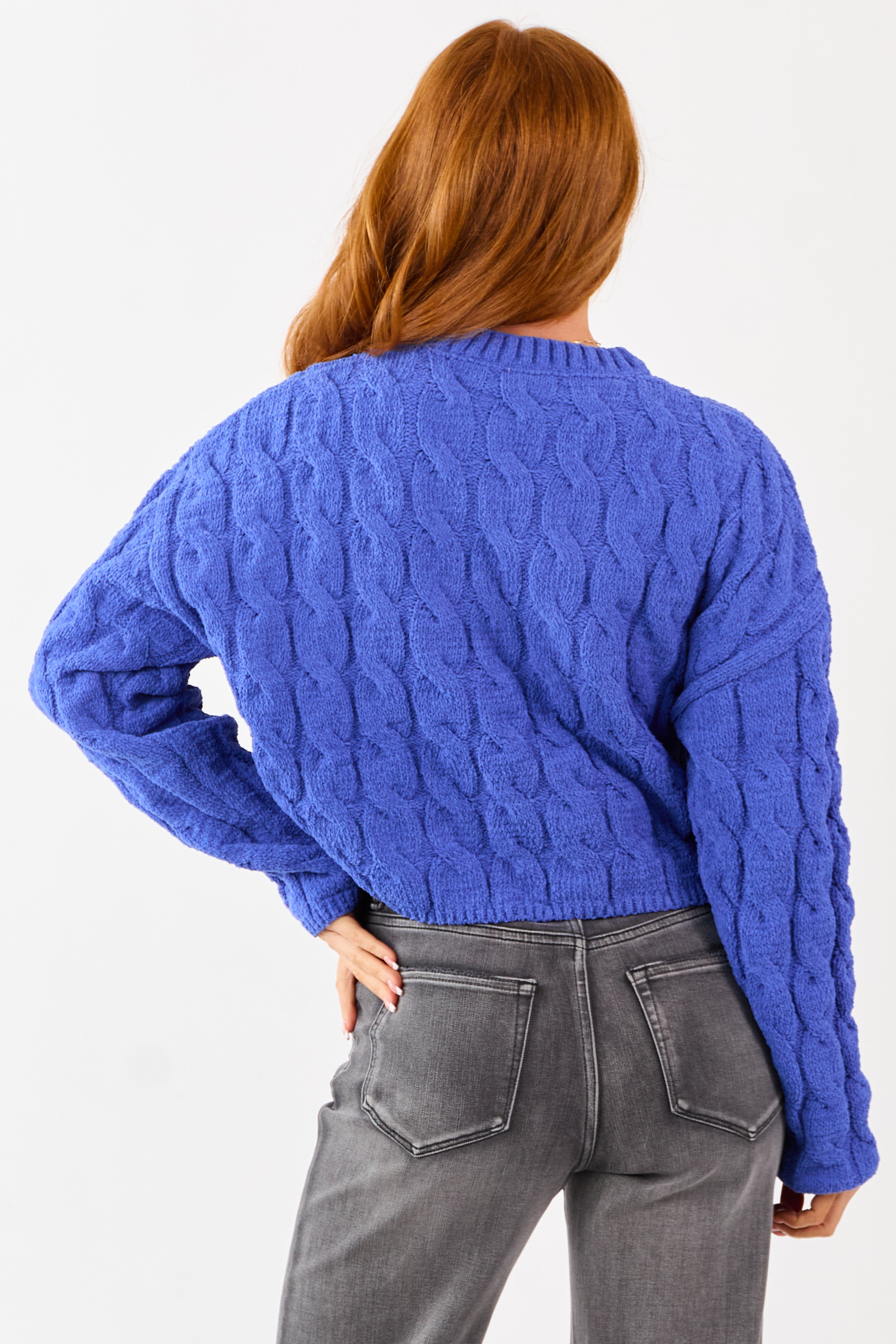 Cobalt Semi Cropped Chenille Cable Knit Sweater | Lime Lush Boutique