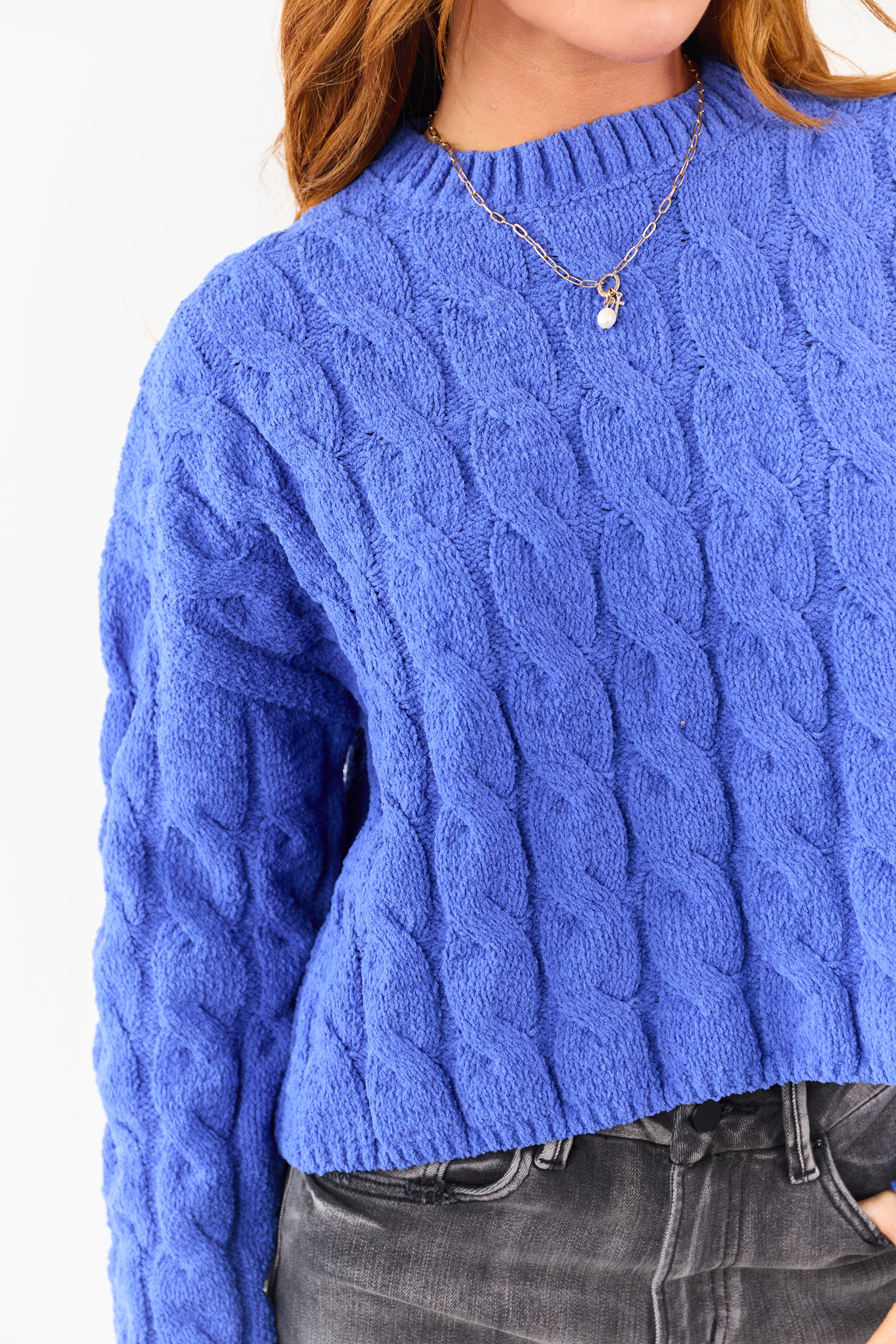 Cobalt Semi Cropped Chenille Cable Knit Sweater | Lime Lush Boutique