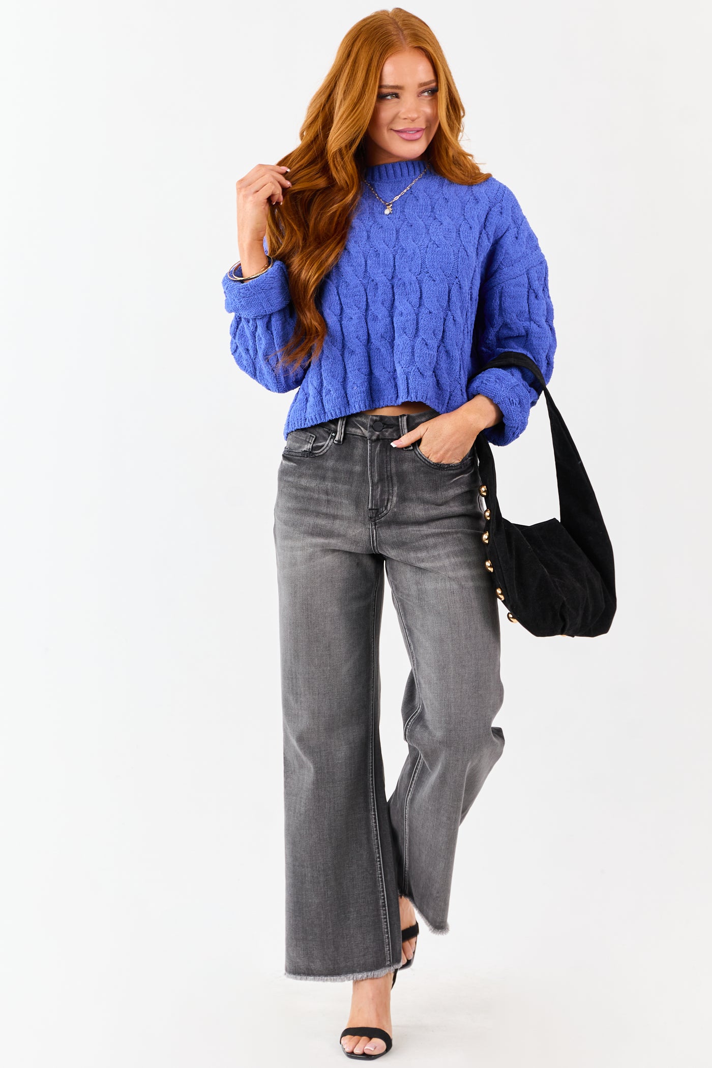 Cobalt Semi Cropped Chenille Cable Knit Sweater