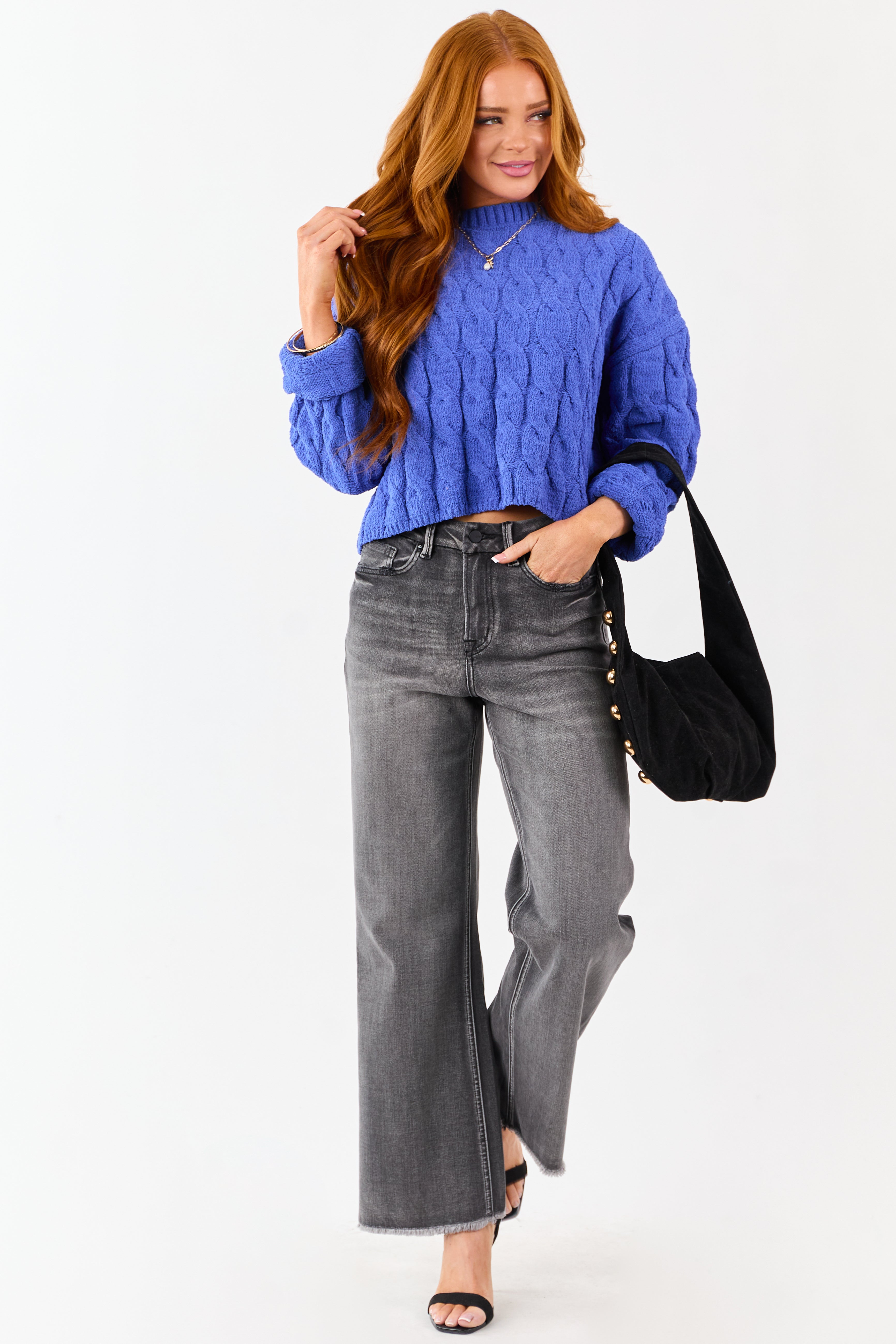 Cobalt Semi Cropped Chenille Cable Knit Sweater