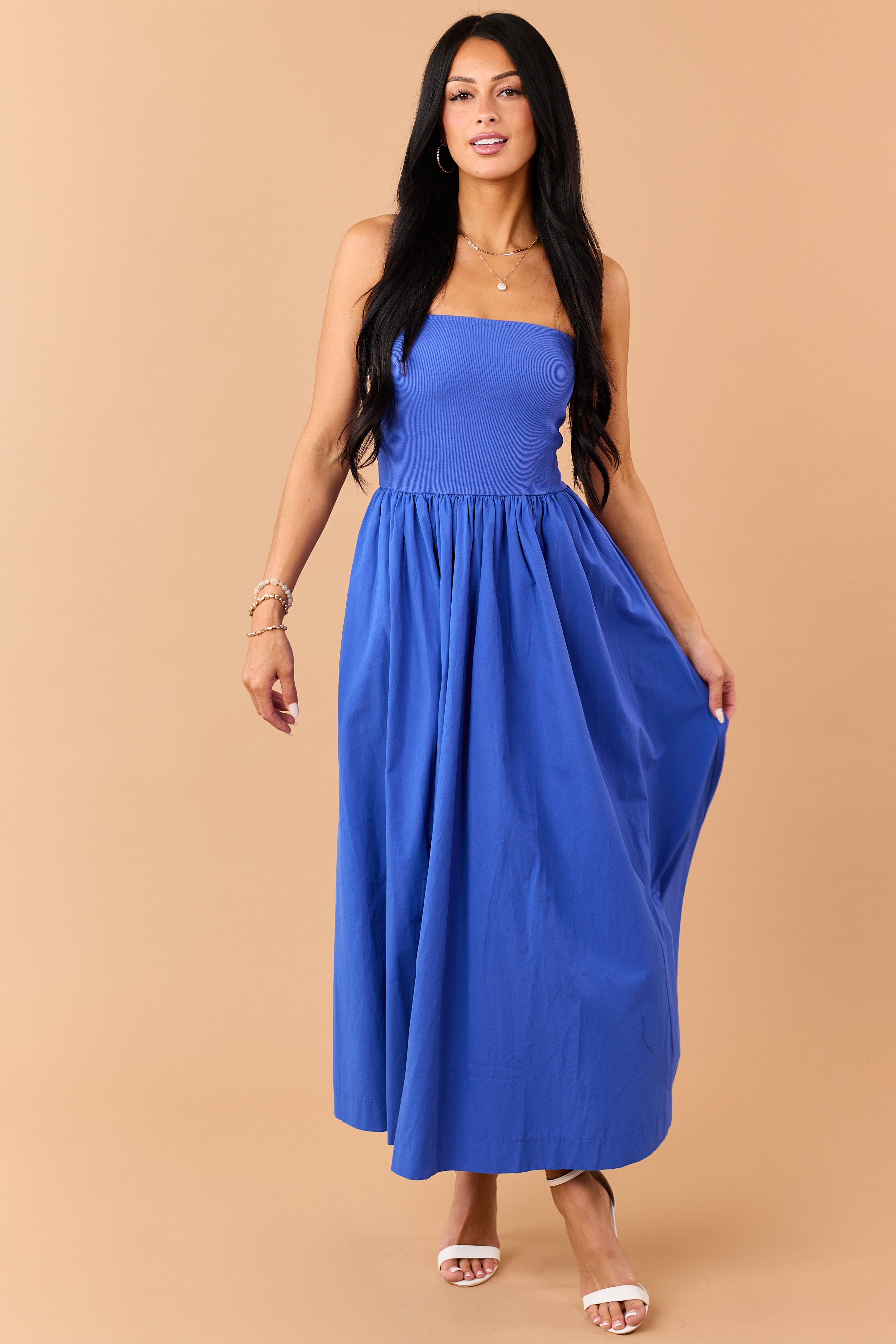 Cobalt Strapless Knit Contrast Cotton Maxi Dress