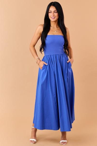 Cobalt Strapless Knit Contrast Cotton Maxi Dress