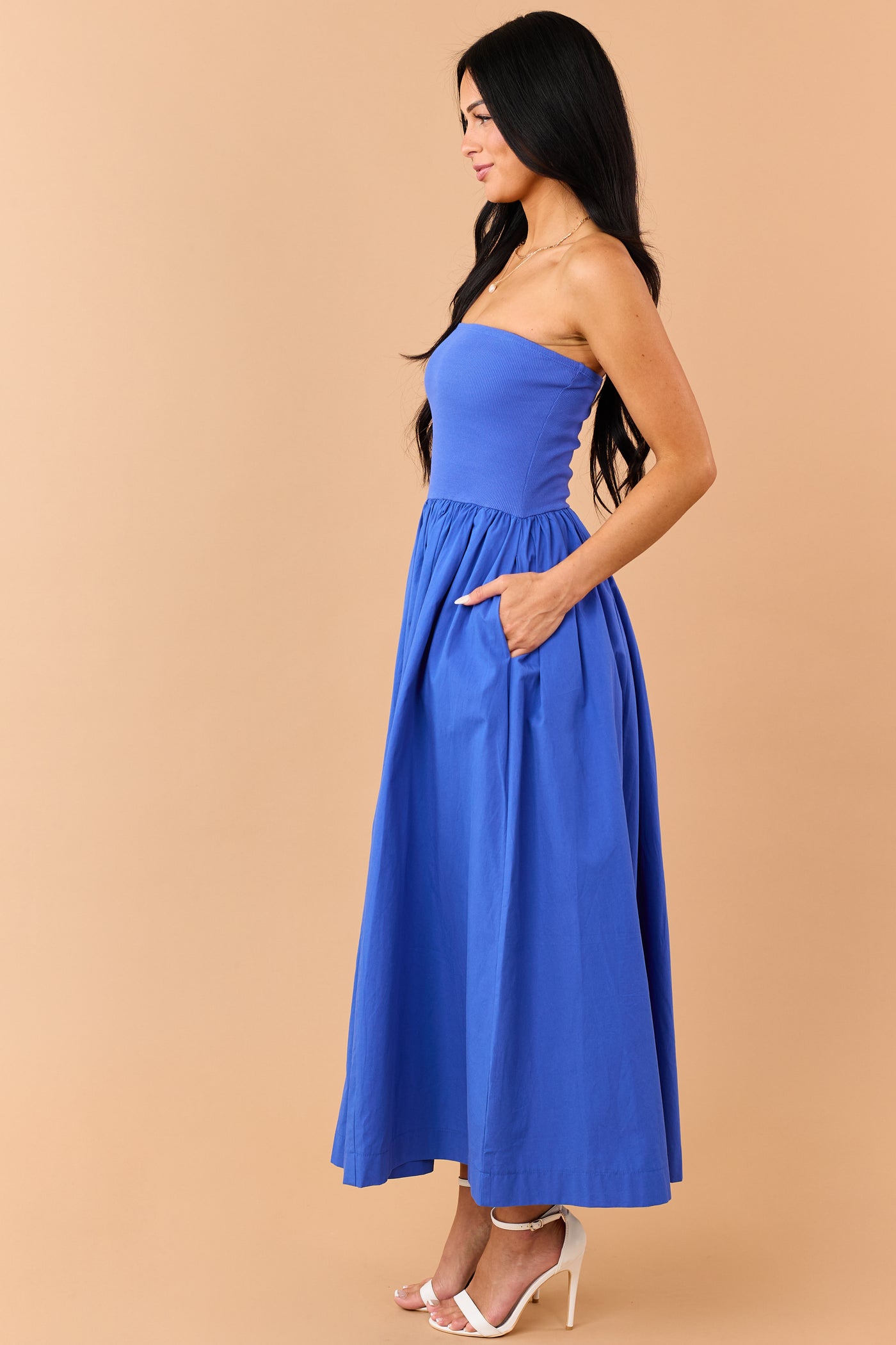 Cobalt Strapless Knit Contrast Cotton Maxi Dress