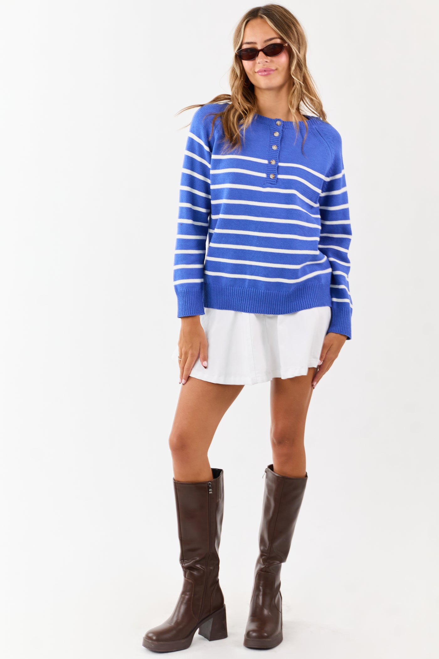 Cobalt Striped Quarter Button Up Knit Sweater