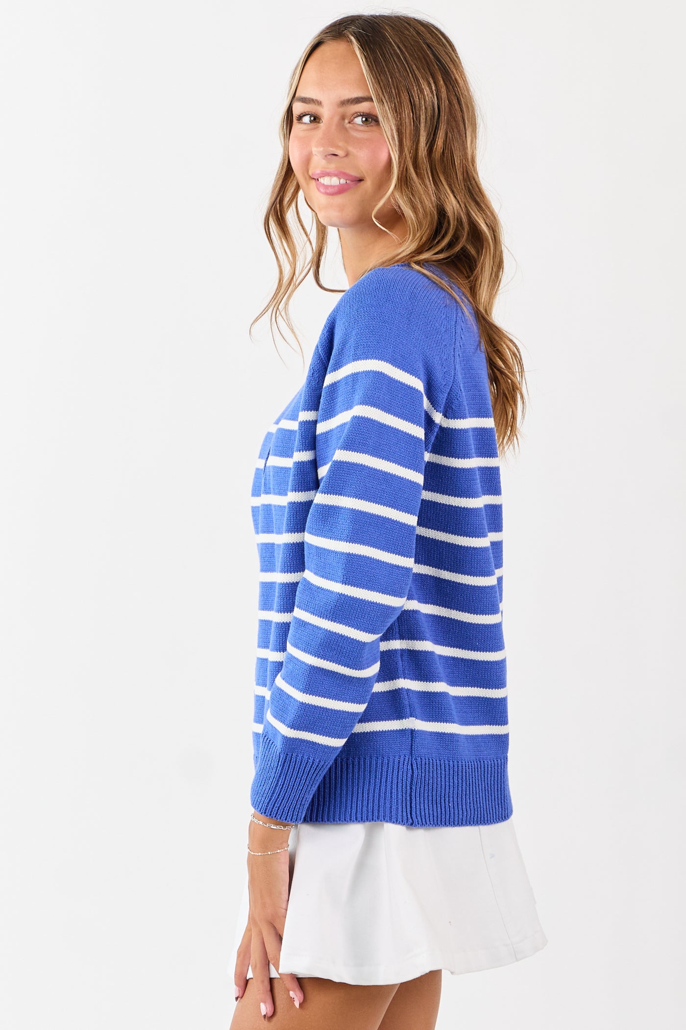 Cobalt Striped Quarter Button Up Knit Sweater