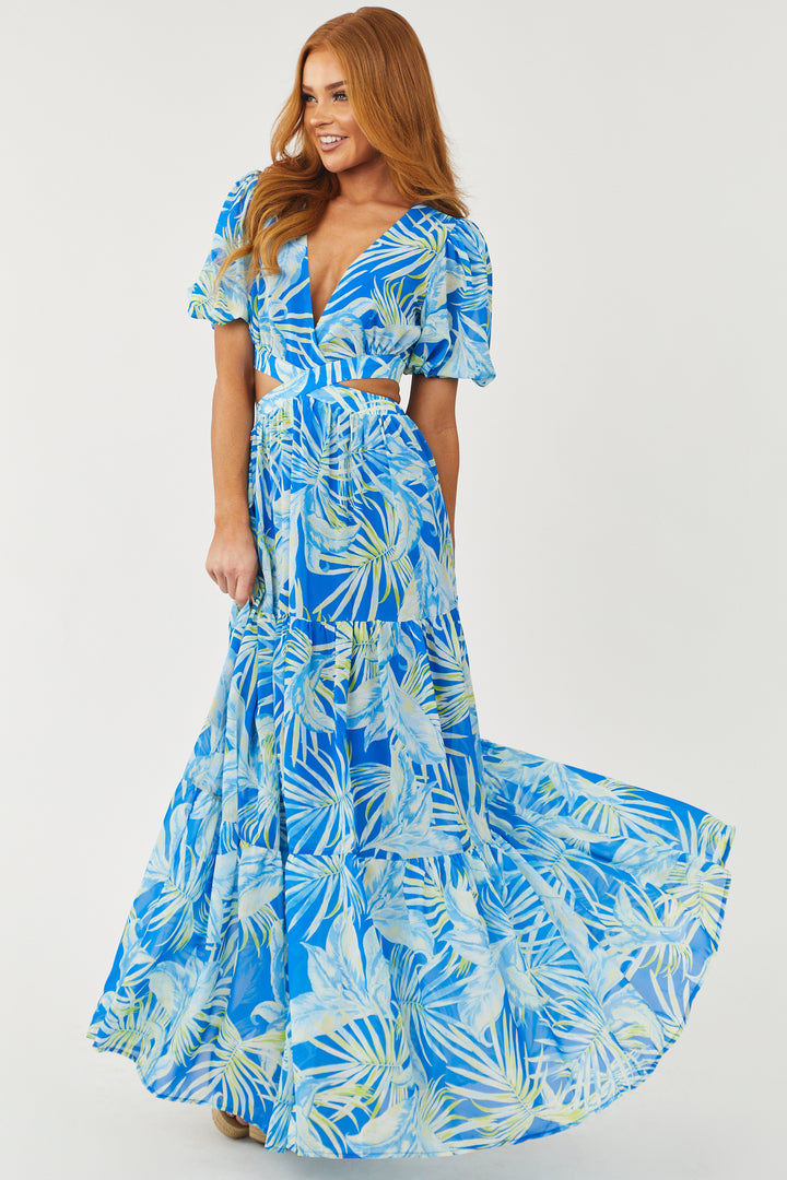 Cobalt Tropical Print Side Cut Out Maxi Dress