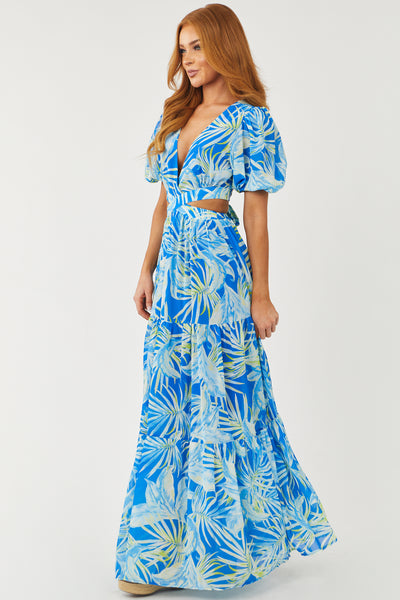Cobalt Tropical Print Side Cut Out Maxi Dress