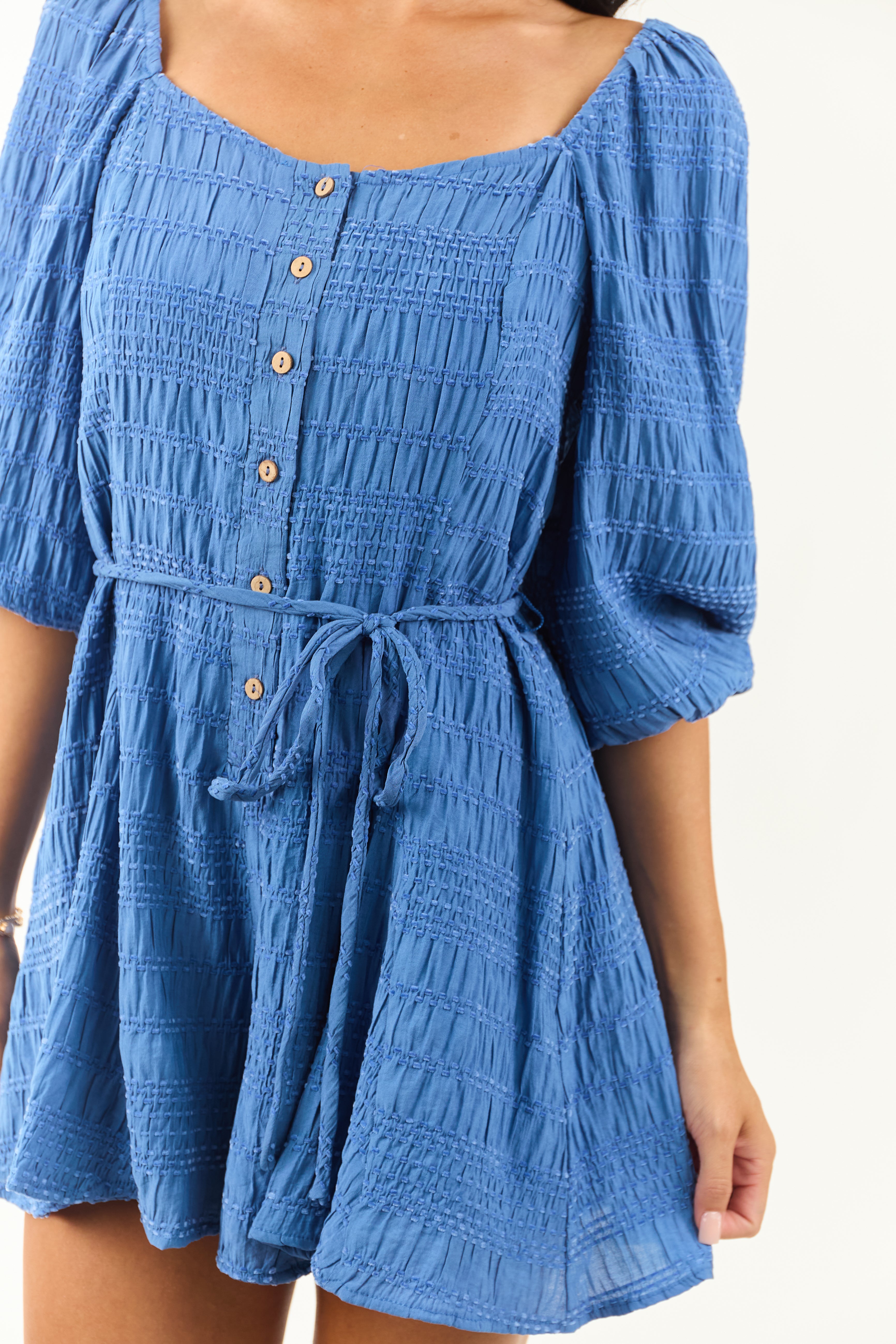 Cobalt Velvet Textured Puff Sleeve Wide Leg Romper