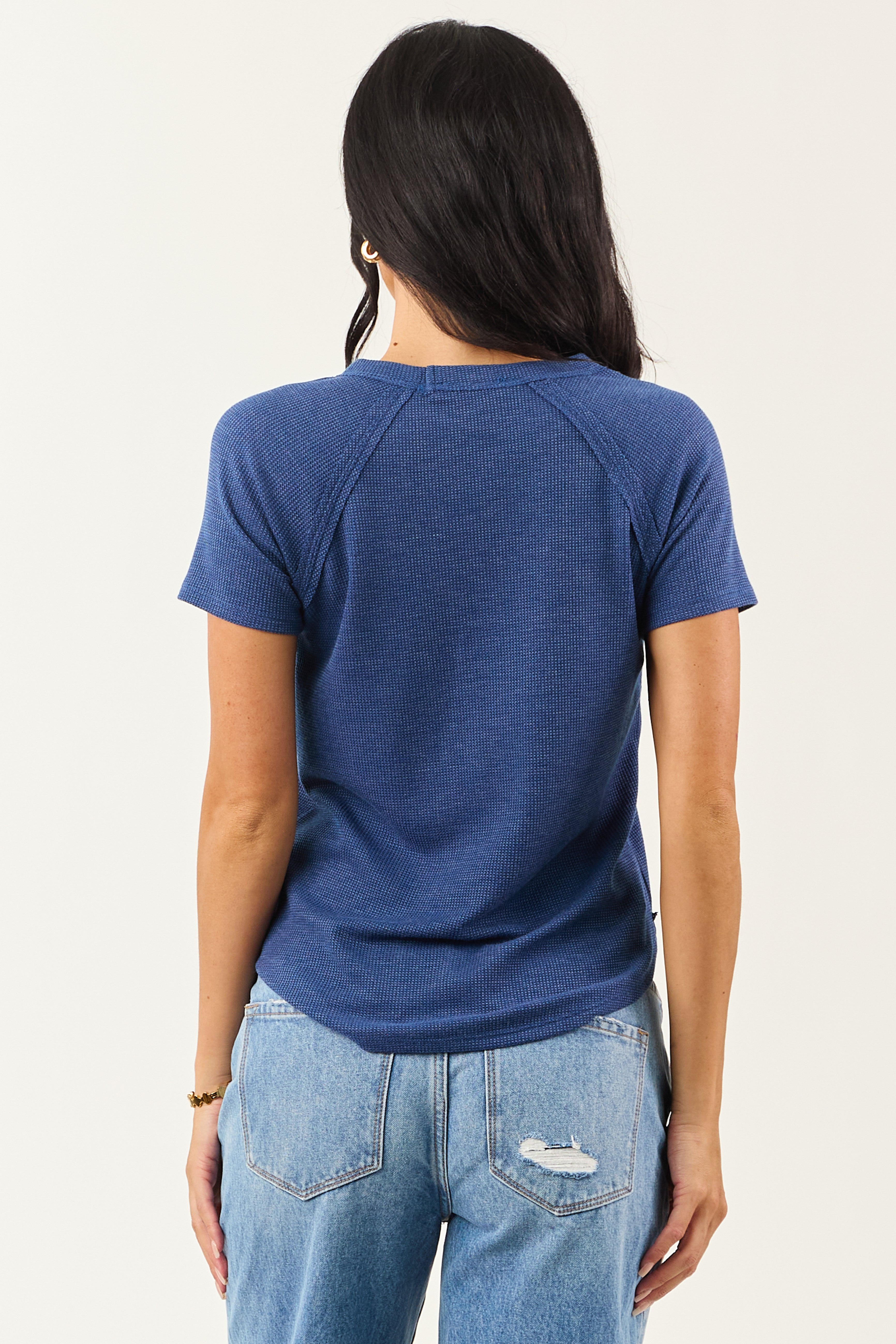 Cobalt Waffle Knit Exposed Seam Short Sleeve Top