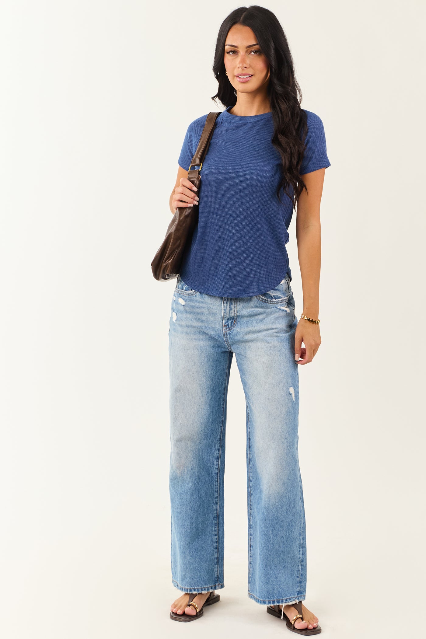 Cobalt Waffle Knit Exposed Seam Short Sleeve Top