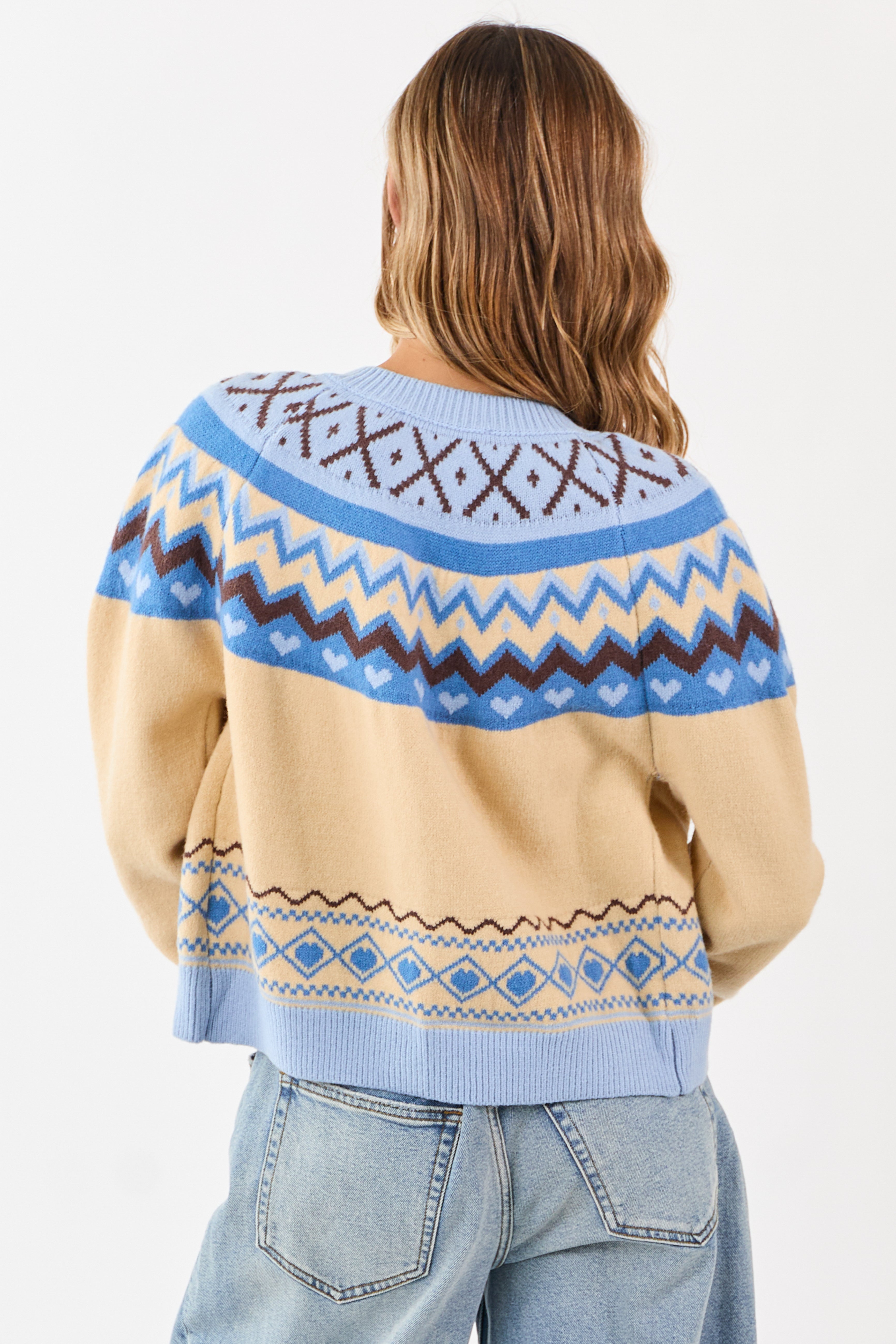 Cobalt and Cream Fair Isle Heart Print Cardigan | Lime Lush Boutique