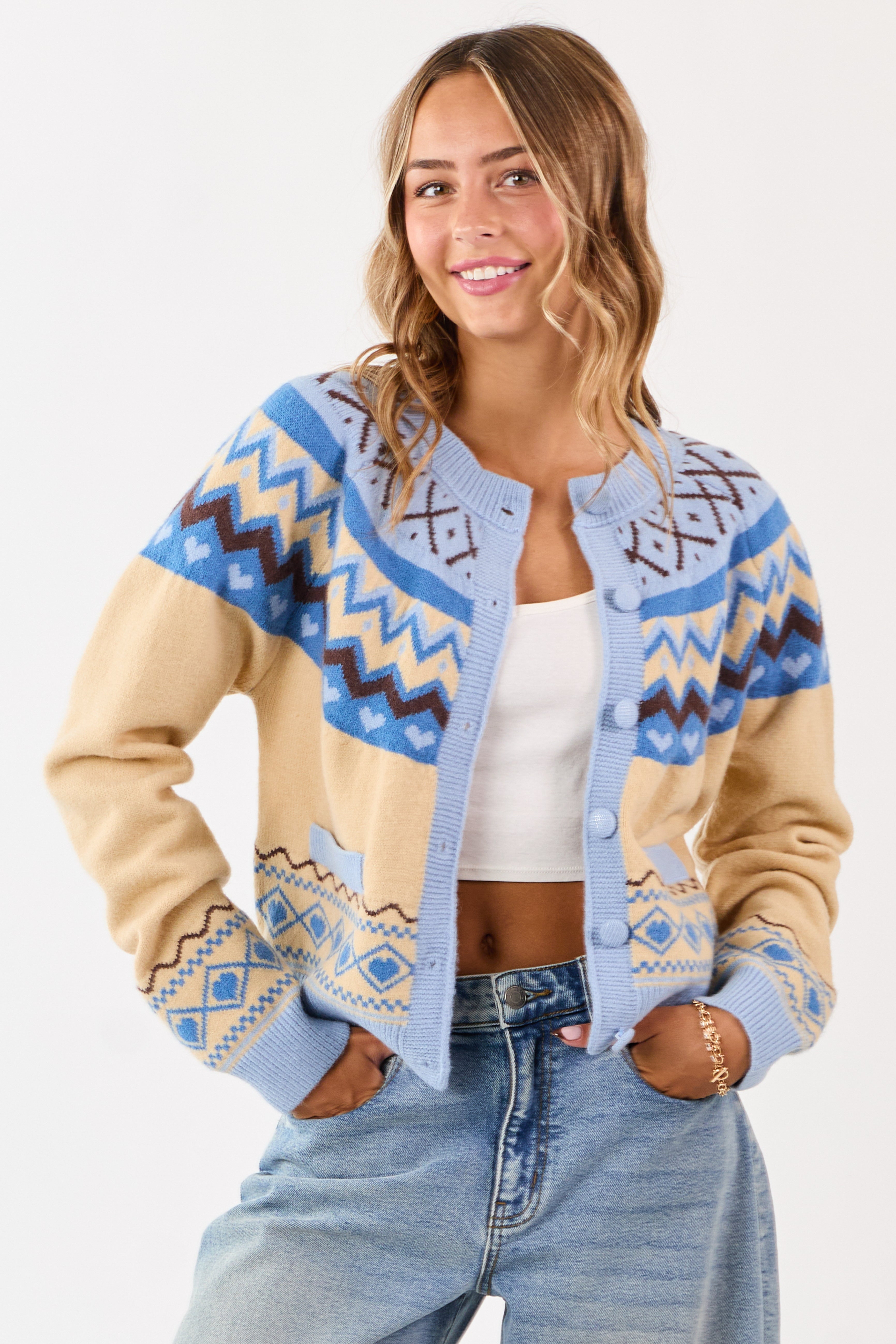 Cobalt and Cream Fair Isle Heart Print Cardigan | Lime Lush Boutique