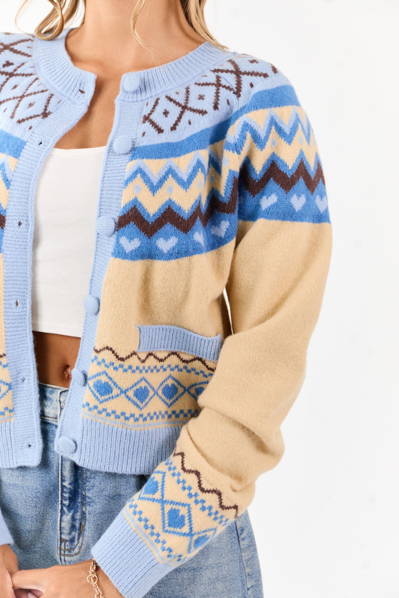 Cobalt and Cream Fair Isle Heart Print Cardigan