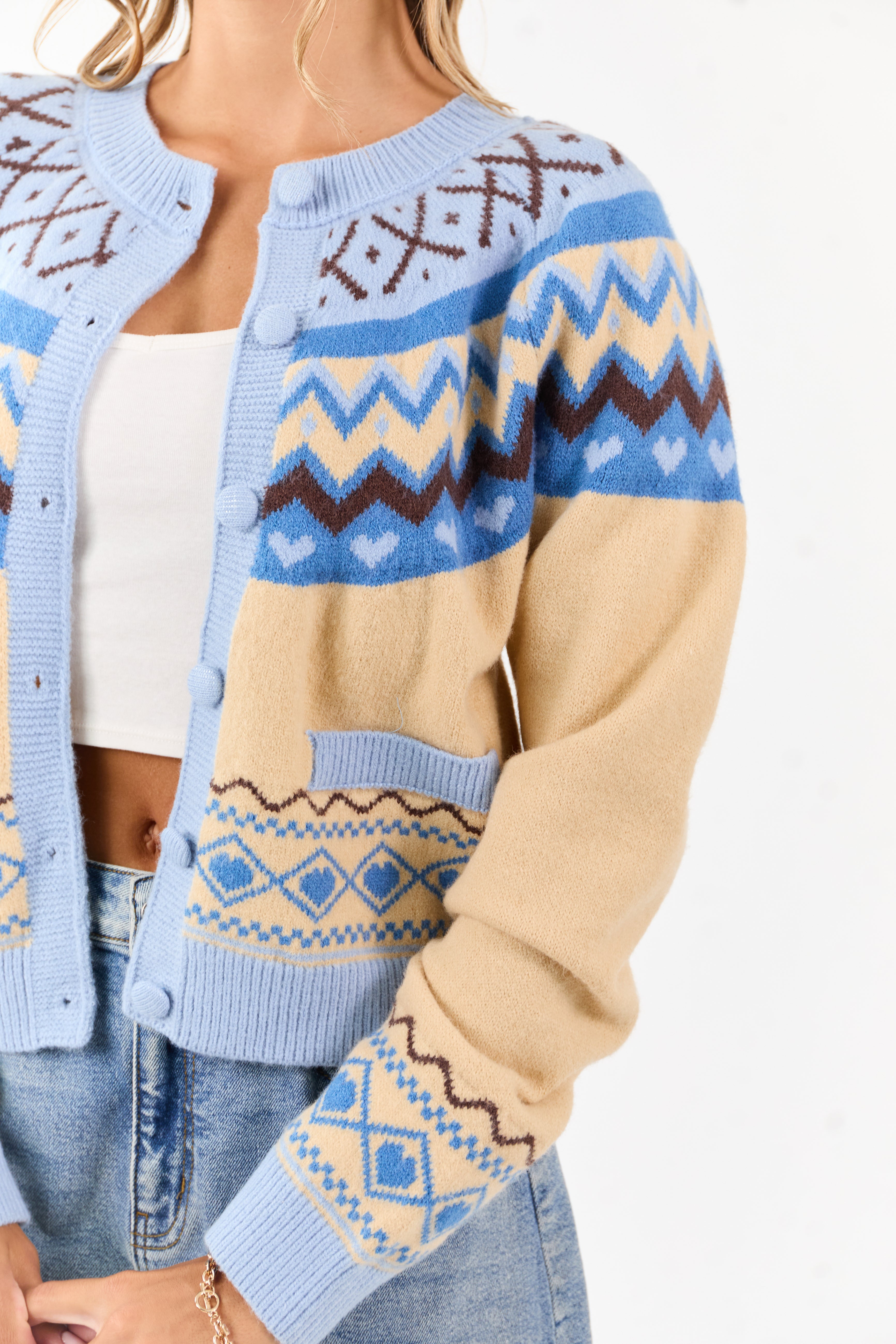 Cobalt and Cream Fair Isle Heart Print Cardigan
