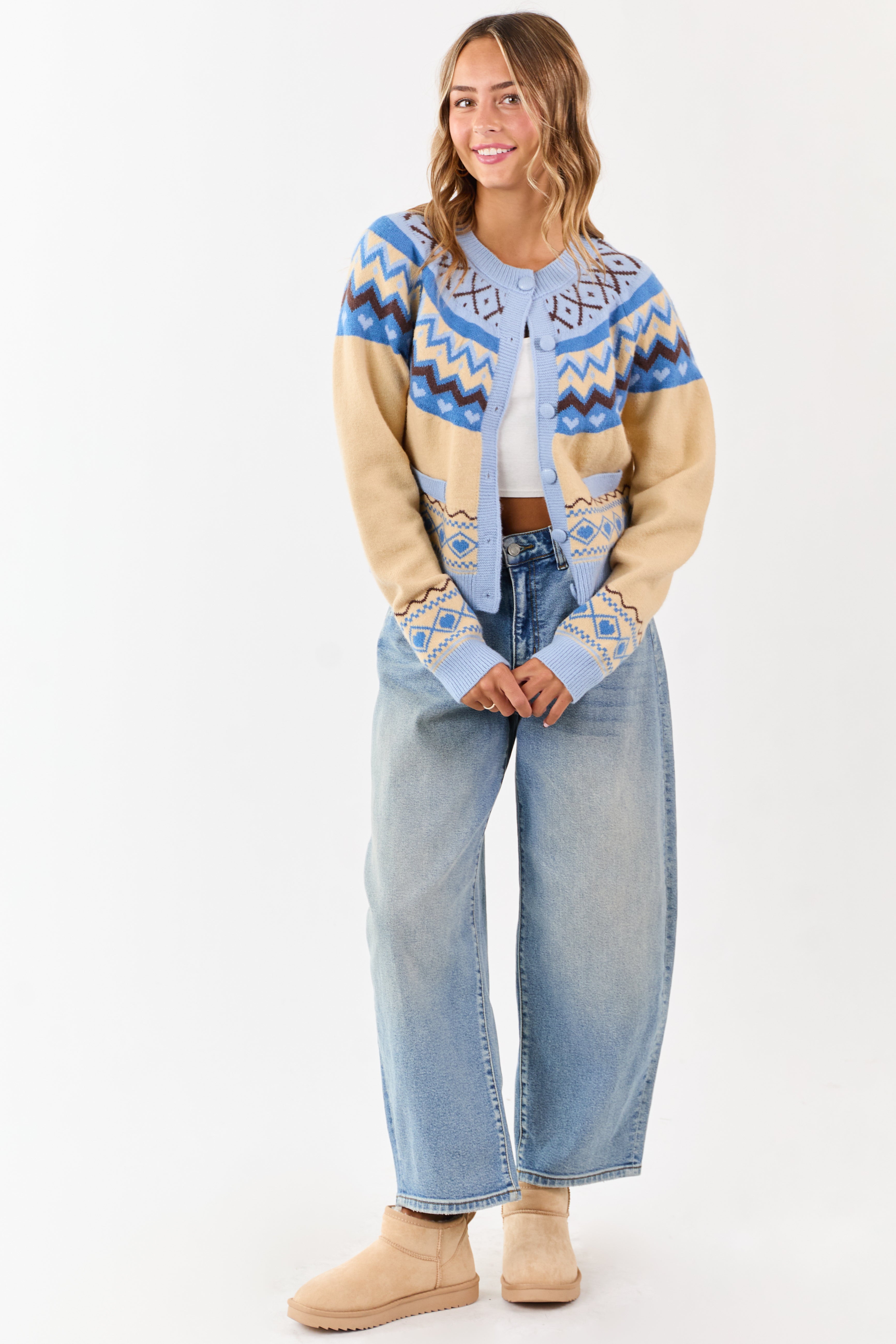 Cobalt and Cream Fair Isle Heart Print Cardigan | Lime Lush Boutique