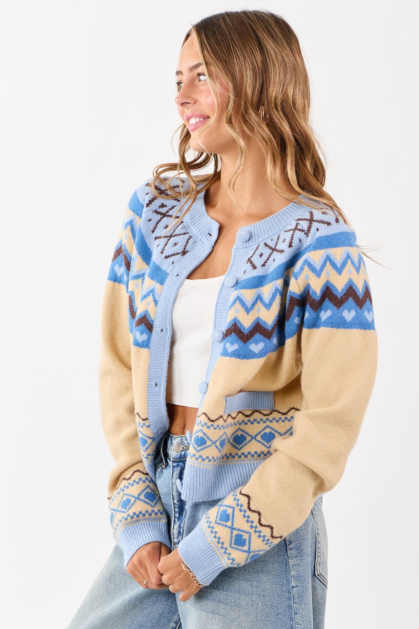 Cobalt and Cream Fair Isle Heart Print Cardigan