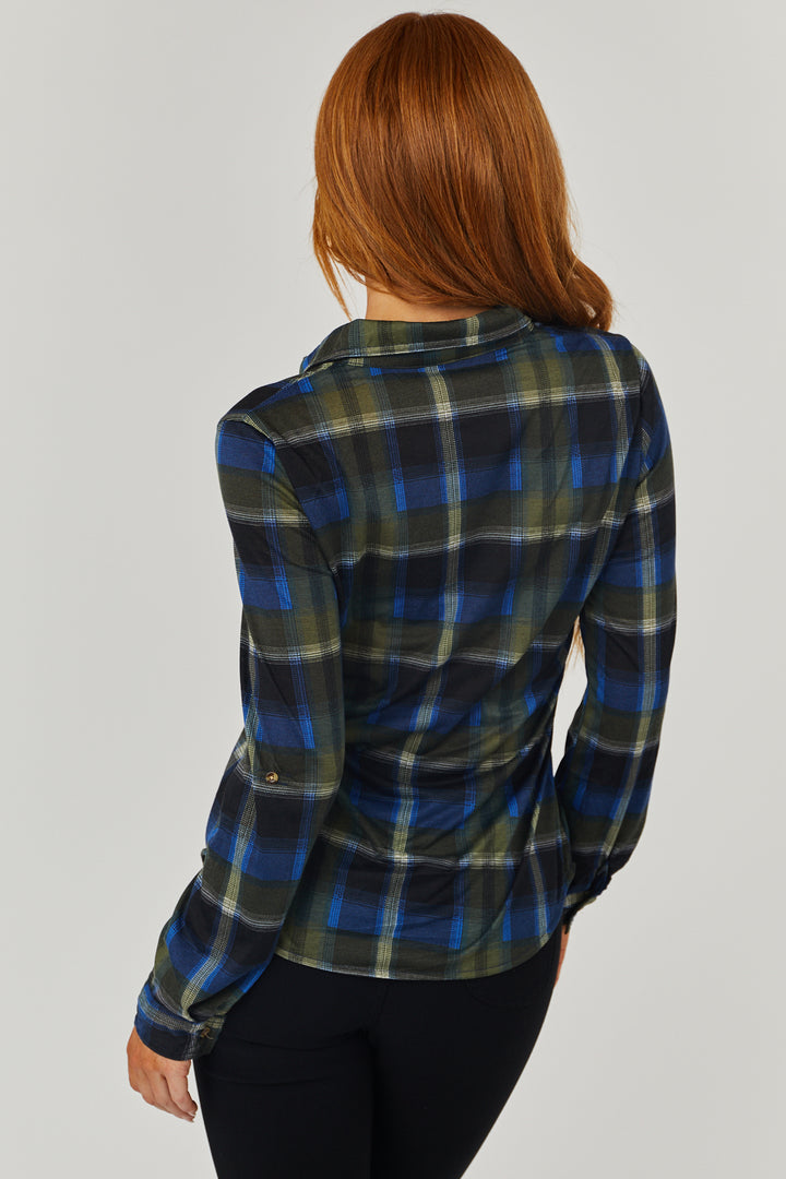 Cobalt and Forest Plaid Top with Chest Pocket