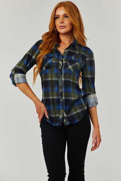 Cobalt and Forest Plaid Top with Chest Pocket