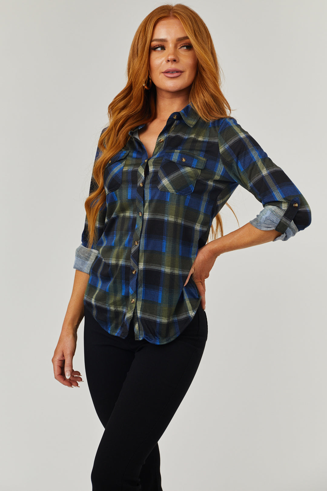 Cobalt and Forest Plaid Top with Chest Pocket & Lime Lush