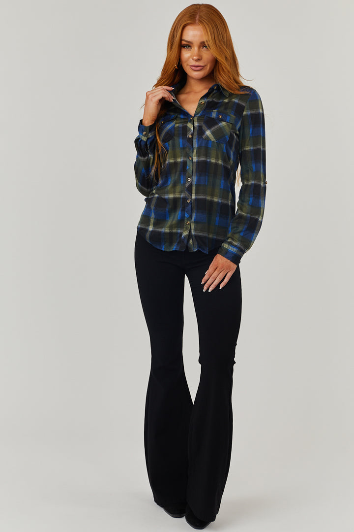 Cobalt and Forest Plaid Top with Chest Pocket