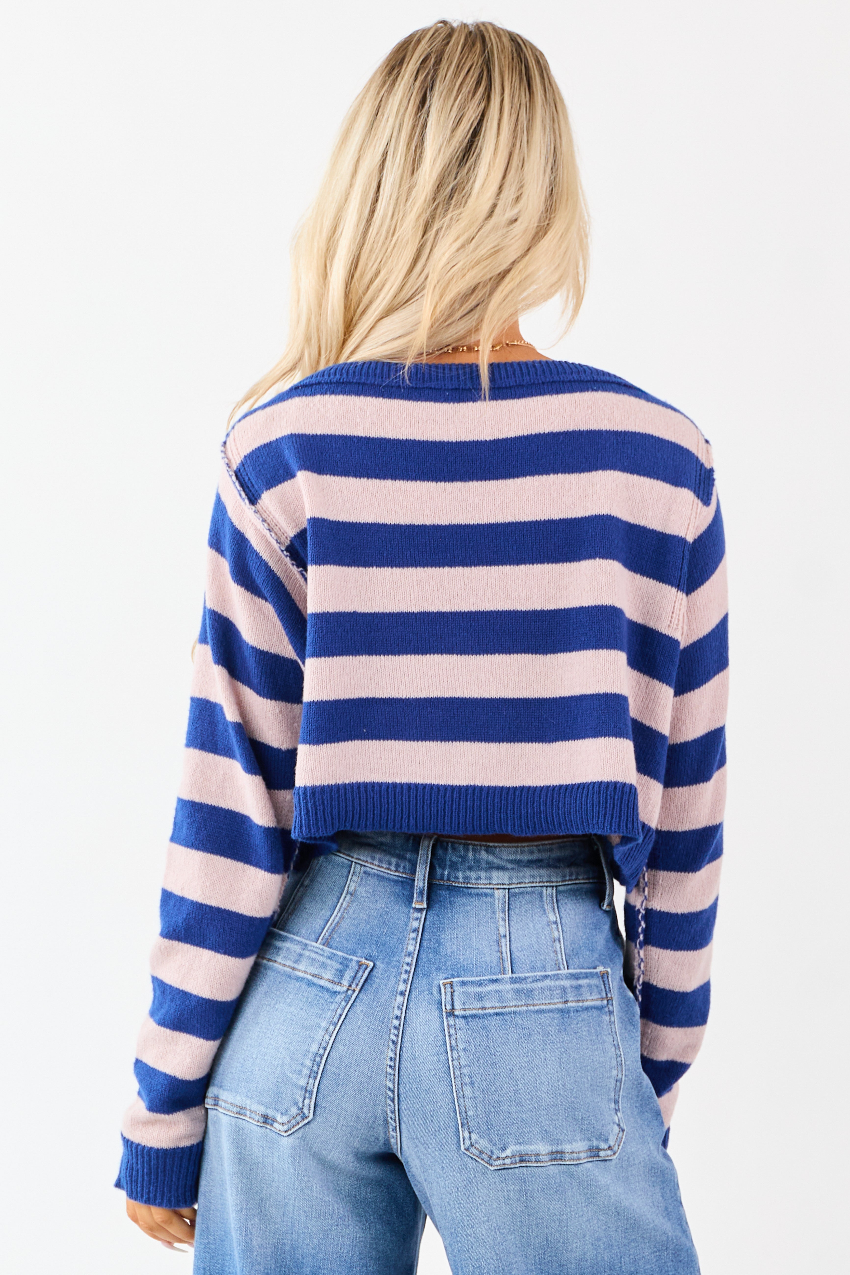 Cobalt and Mauve Striped Cropped Boxy Knit Sweater