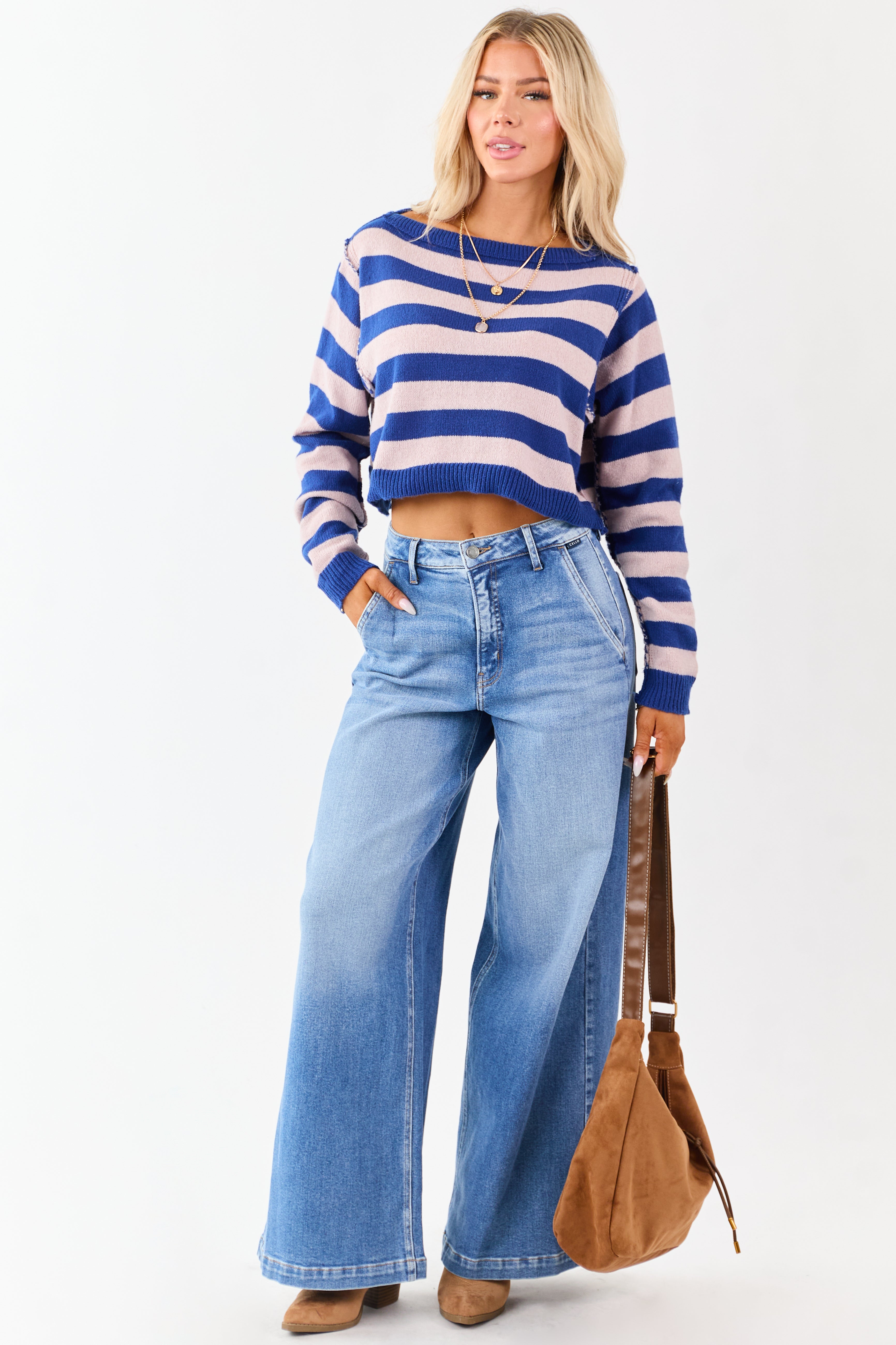 Cobalt and Mauve Striped Cropped Boxy Knit Sweater