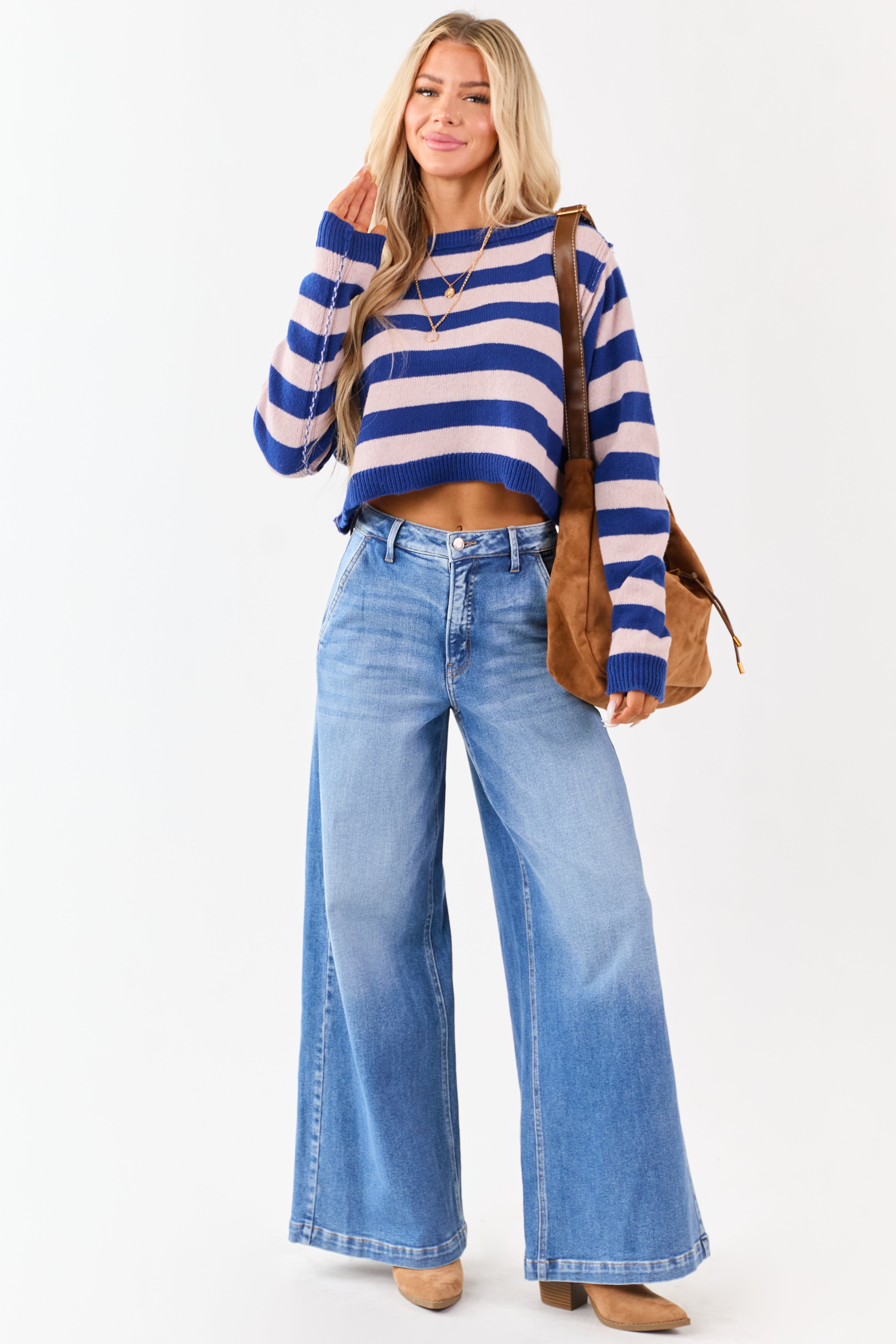 Cobalt and Mauve Striped Cropped Boxy Knit Sweater