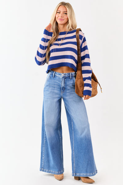 Cobalt and Mauve Striped Cropped Boxy Knit Sweater