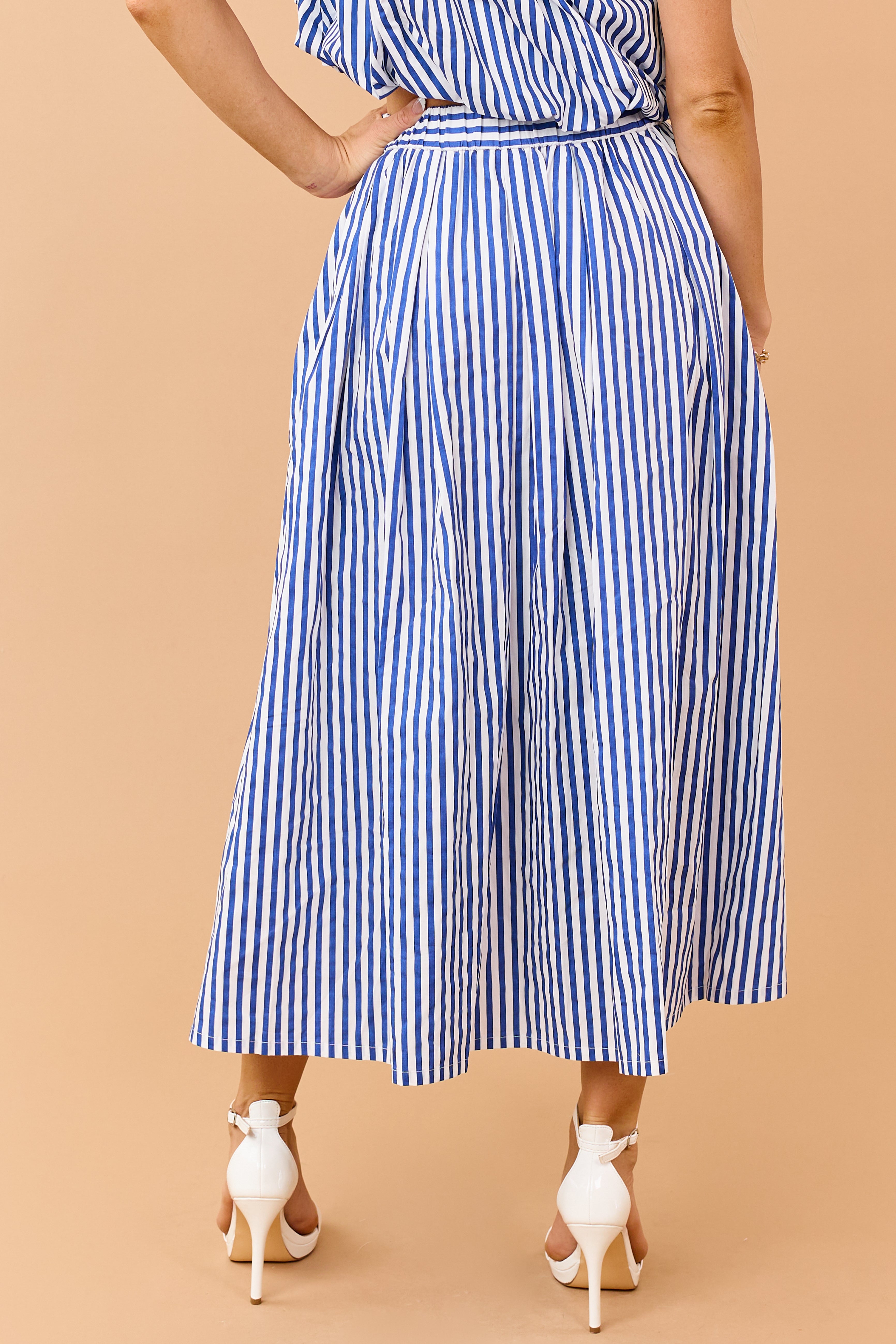 Cobalt and Off White Striped Cotton Maxi Skirt