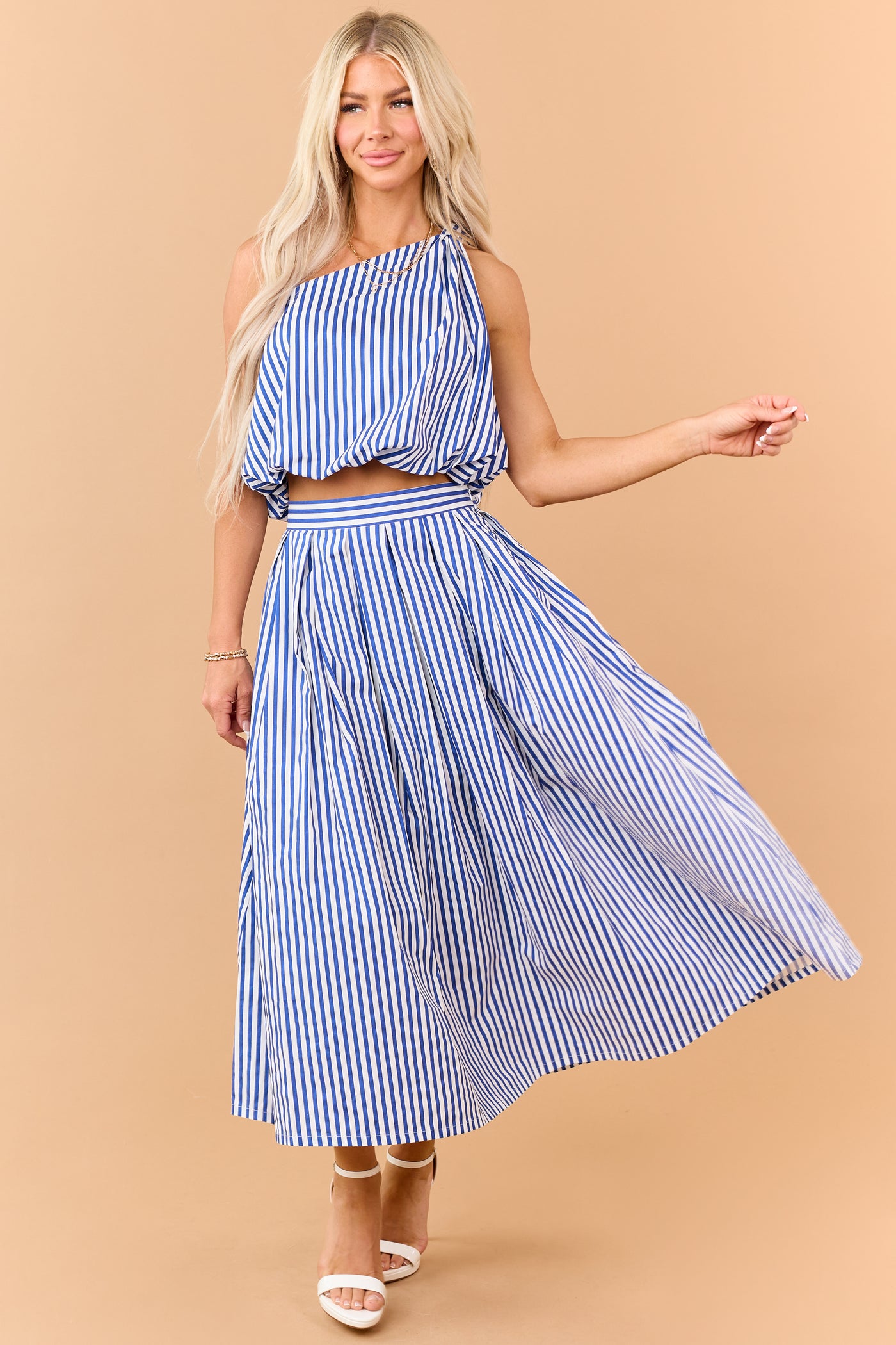 Cobalt and Off White Striped Cotton Maxi Skirt