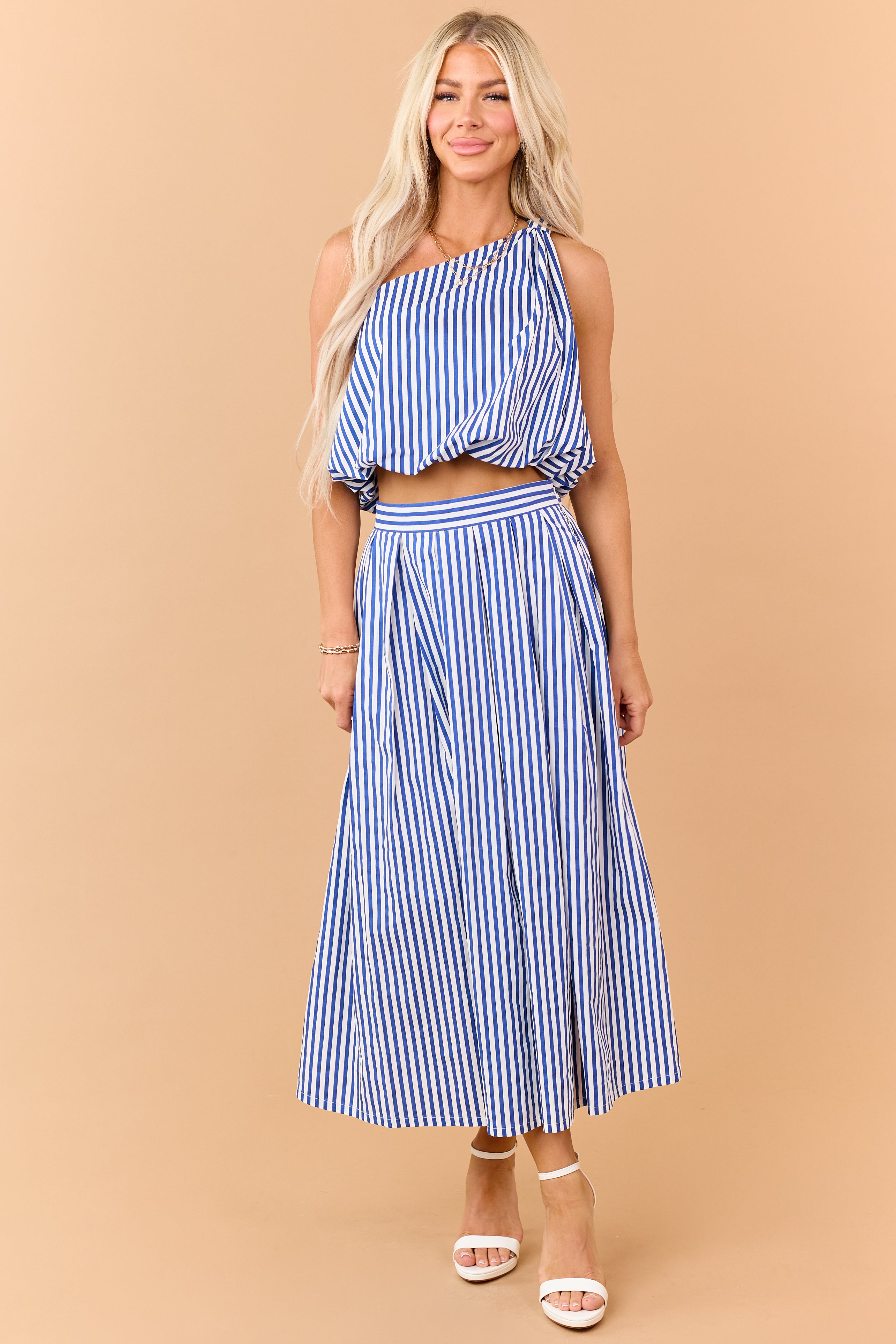 Cobalt and Off White Striped Cotton Maxi Skirt