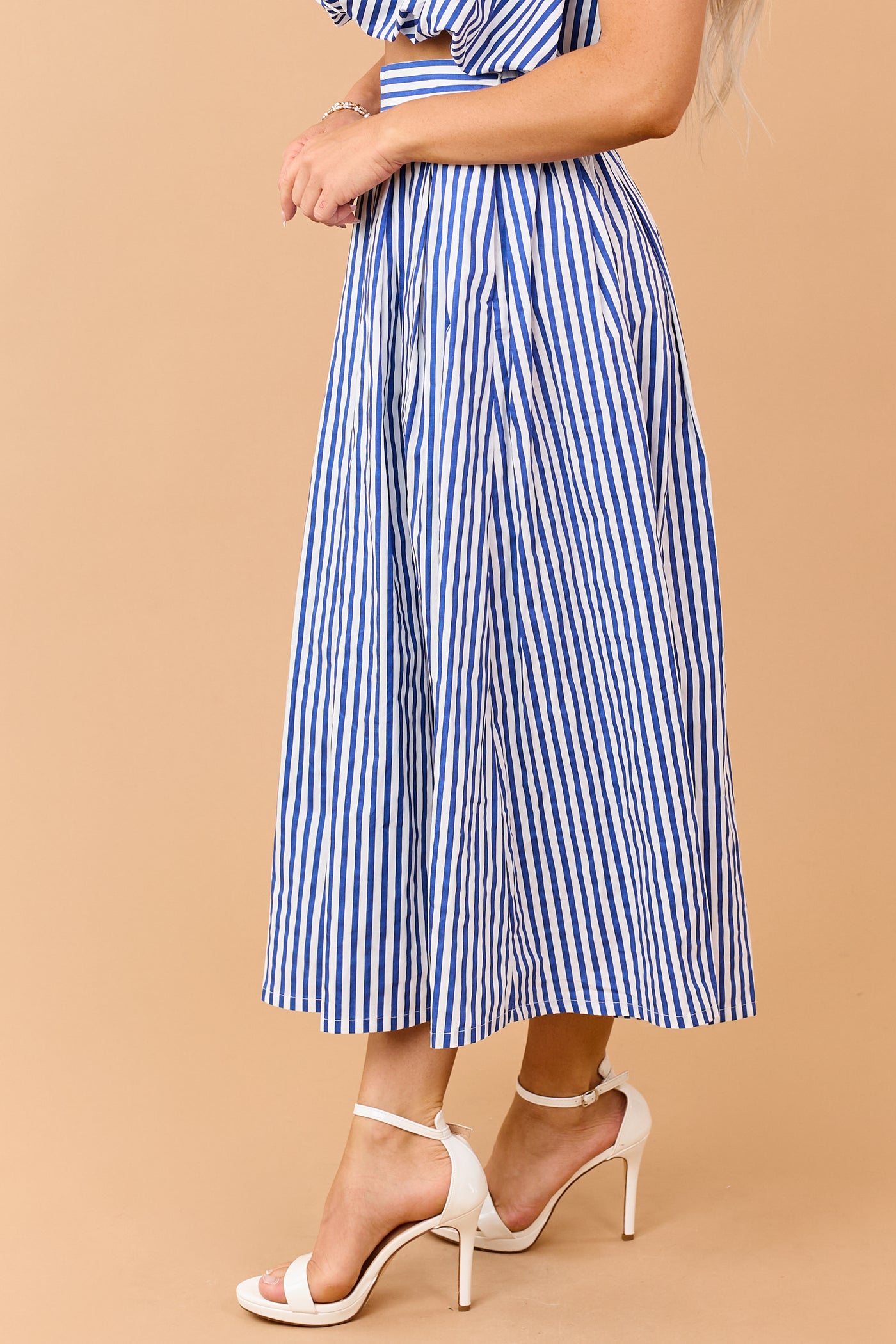 Cobalt and Off White Striped Cotton Maxi Skirt