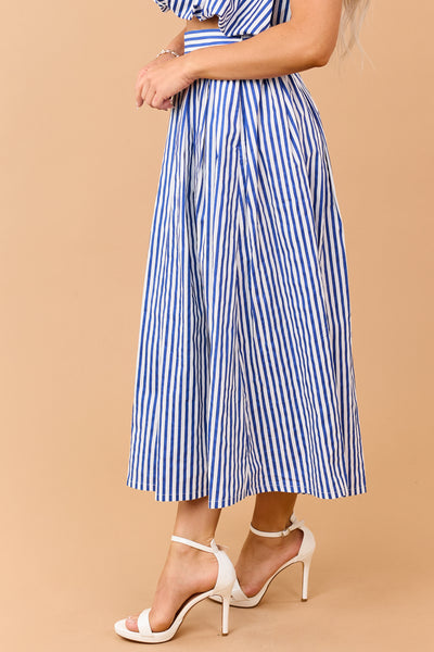 Cobalt and Off White Striped Cotton Maxi Skirt