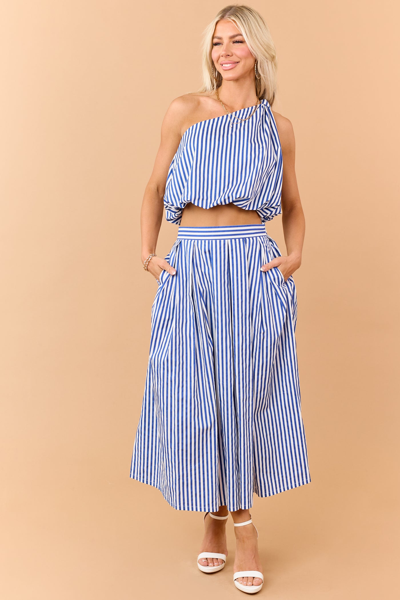 Cobalt and Off White Striped One Shoulder Cotton Top