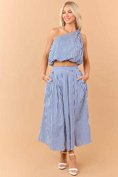 Cobalt and Off White Striped One Shoulder Cotton Top