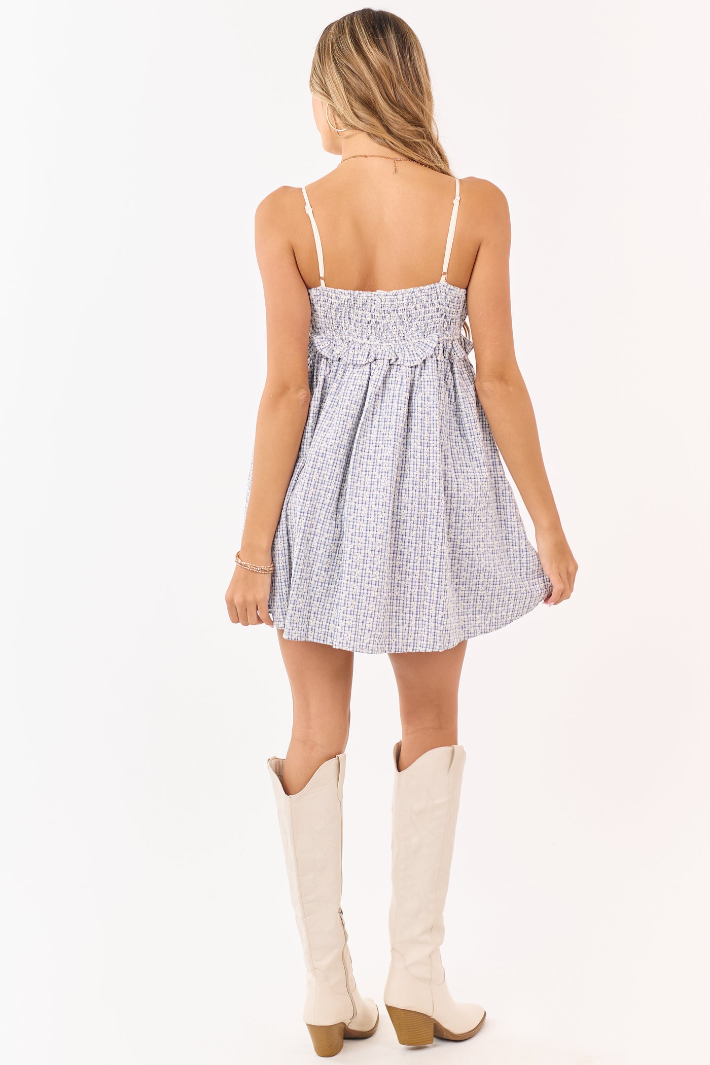 Cobalt and White Plaid Cotton Babydoll Mini Dress