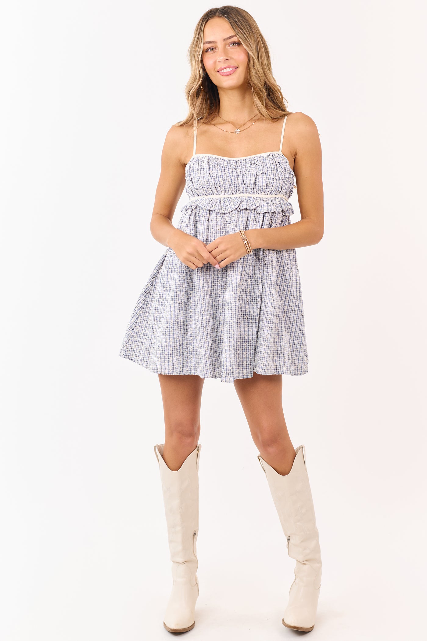 Cobalt and White Plaid Cotton Babydoll Mini Dress