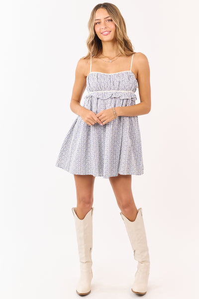Cobalt and White Plaid Cotton Babydoll Mini Dress