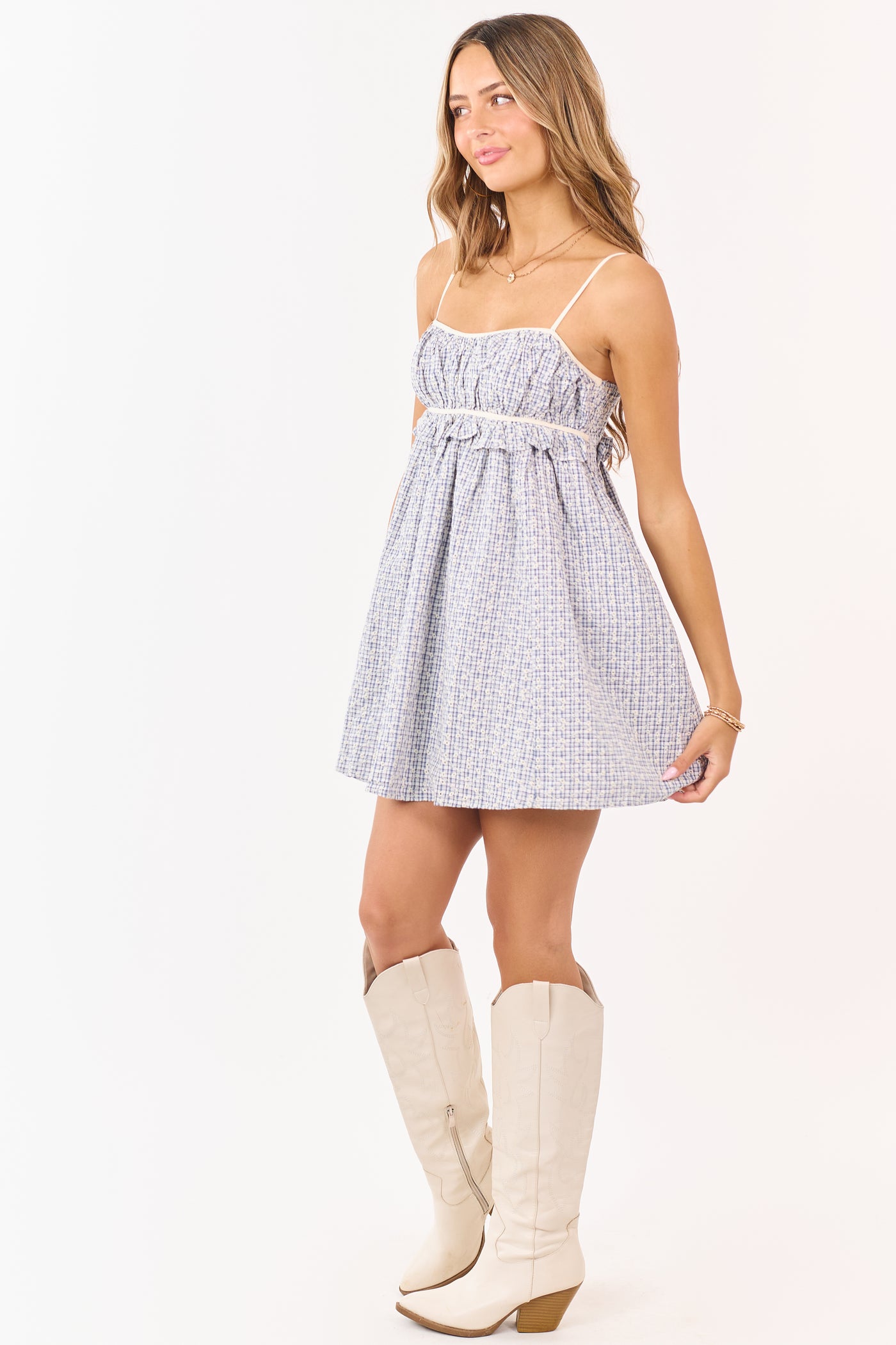 Cobalt and White Plaid Cotton Babydoll Mini Dress Cobalt and White Plaid Cotton Babydoll Mini Dress